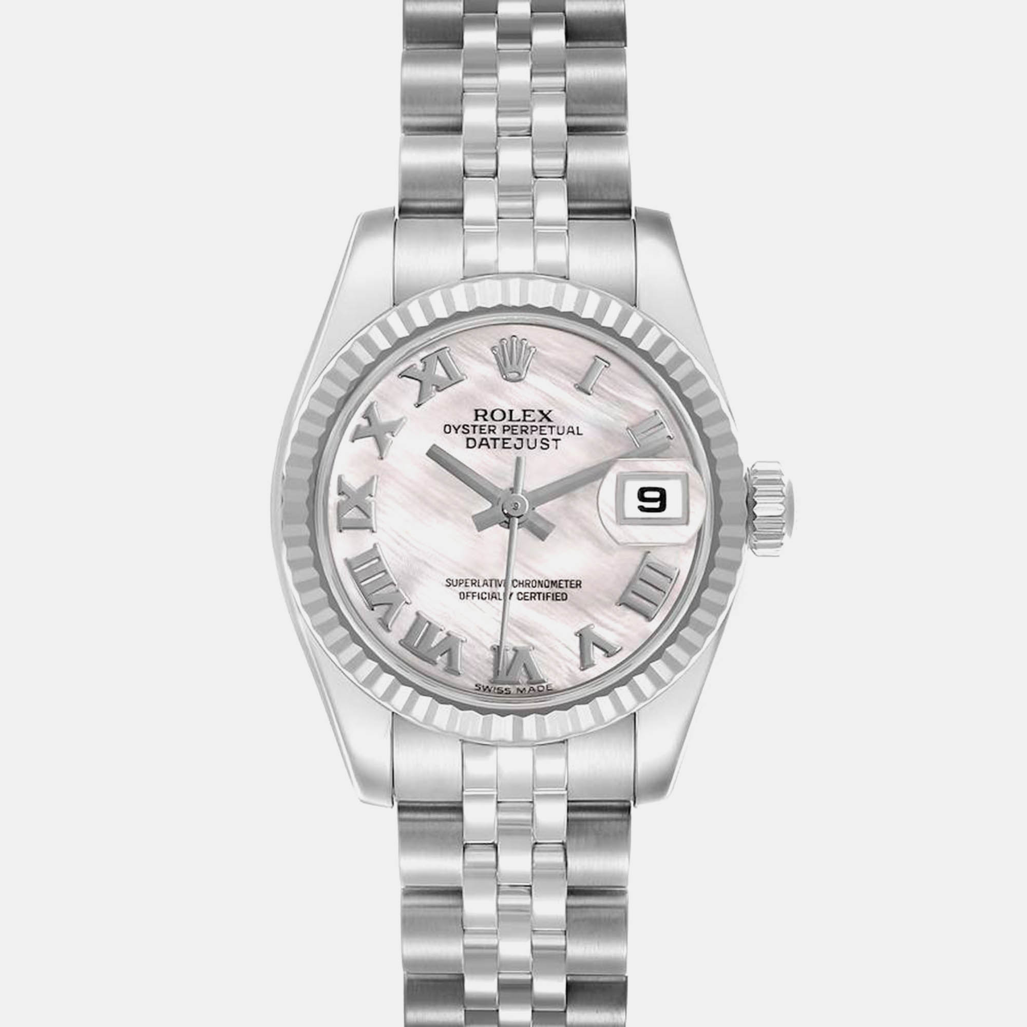 Rolex Datejust Steel White Gold Mother Of Pearl Roman Dial Ladies Watch 179174