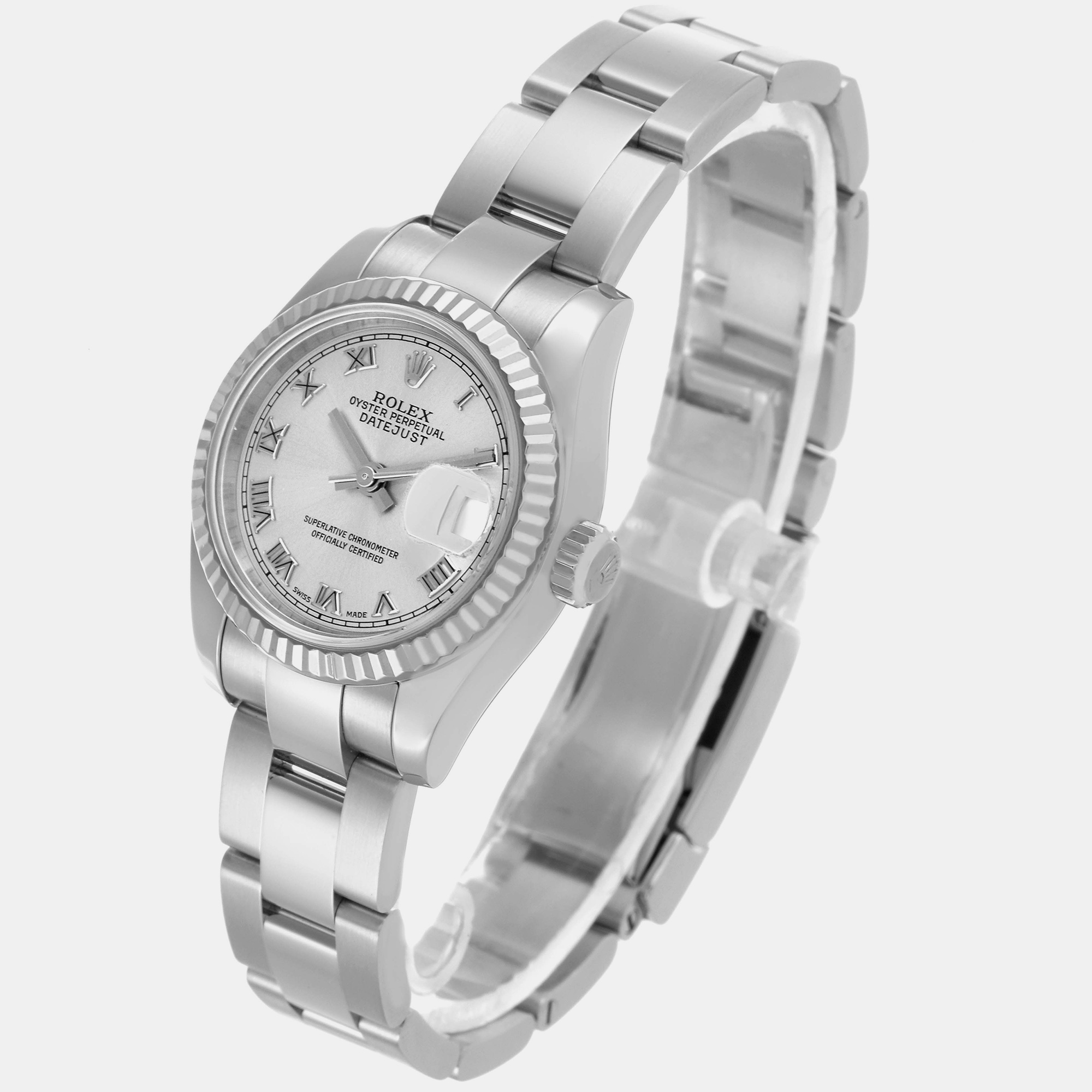 Rolex Silver 18k White Gold Stainless Steel Datejust 179174 Automatic Women's Wristwatch 26 Mm