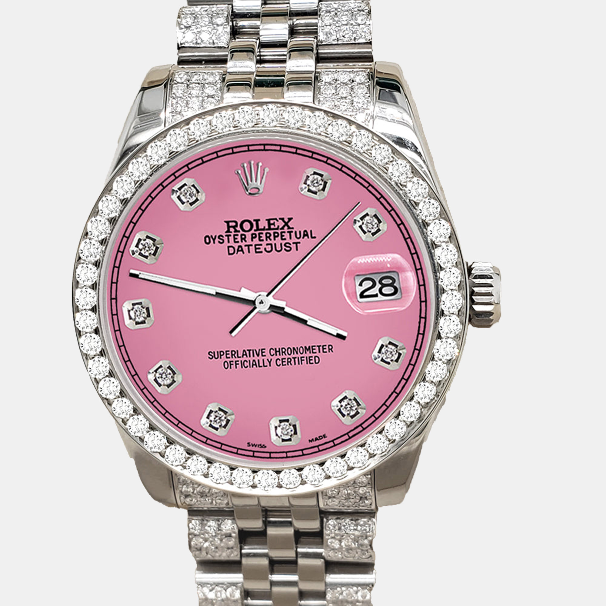Rolex Custom Hot Pink 3.30ct Diamonds Stainless Steel Datejust 178240 Automatic Women's Wristwatch 31mm