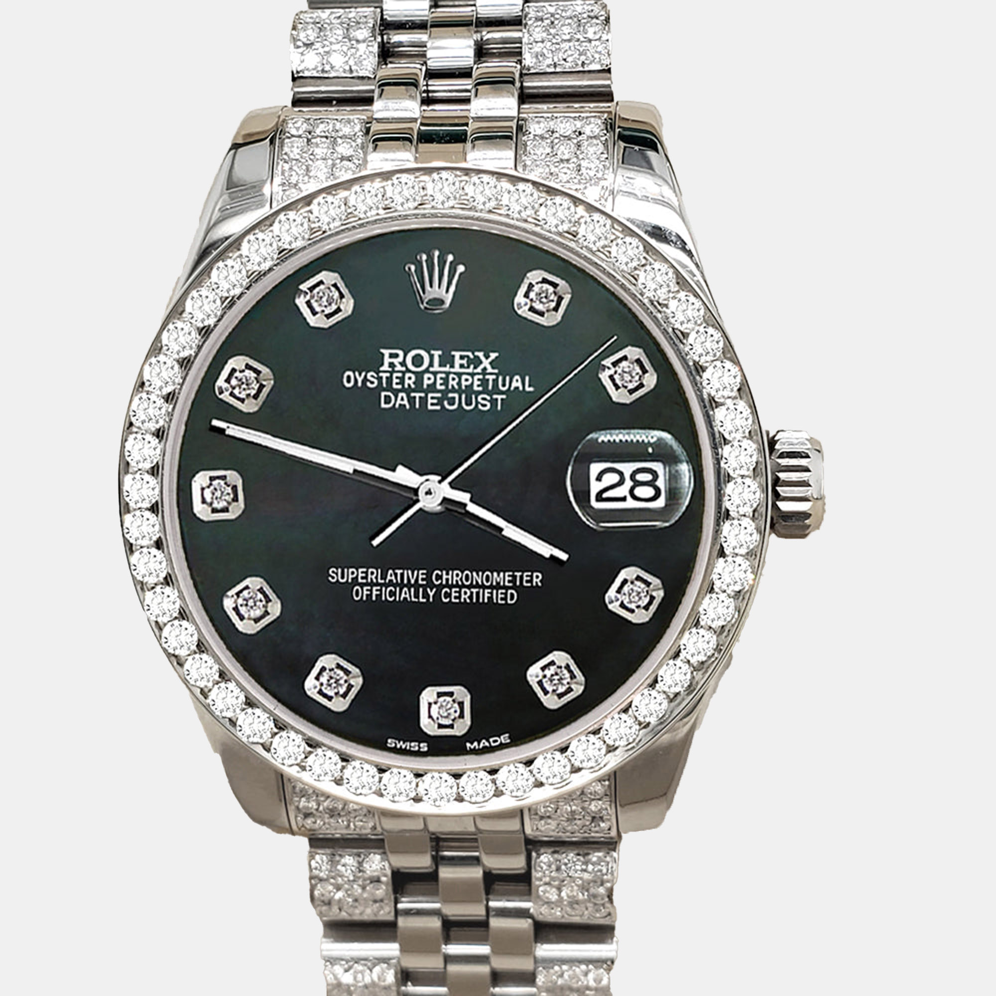 Rolex Custom Black 3.30ct Diamonds Stainless Steel Datejust 178240 Automatic Women's Wristwatch 31mm