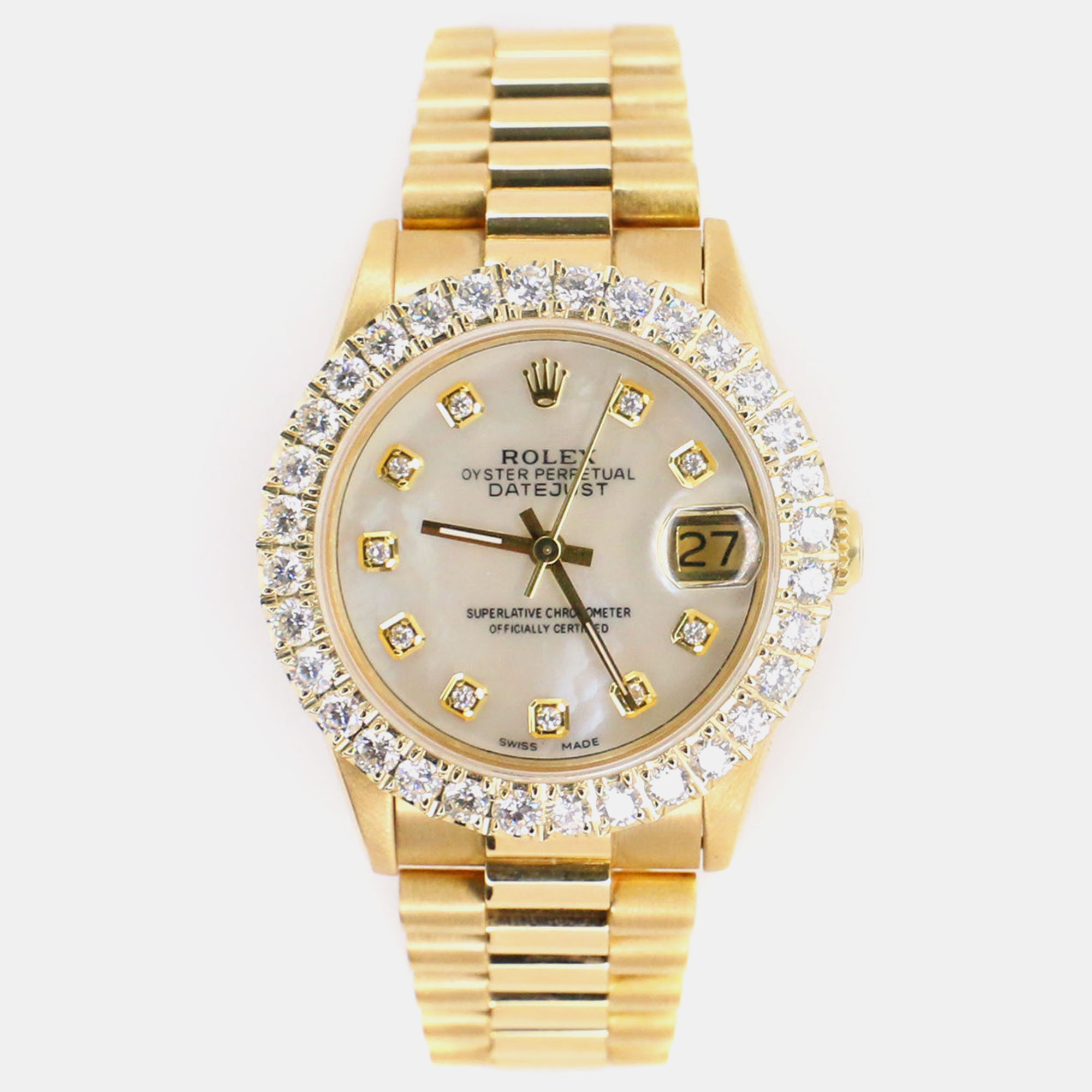Rolex Custom White MOP Diamond 18K Yellow Gold President Datejust  Automatic Women's Wristwatch 31mm