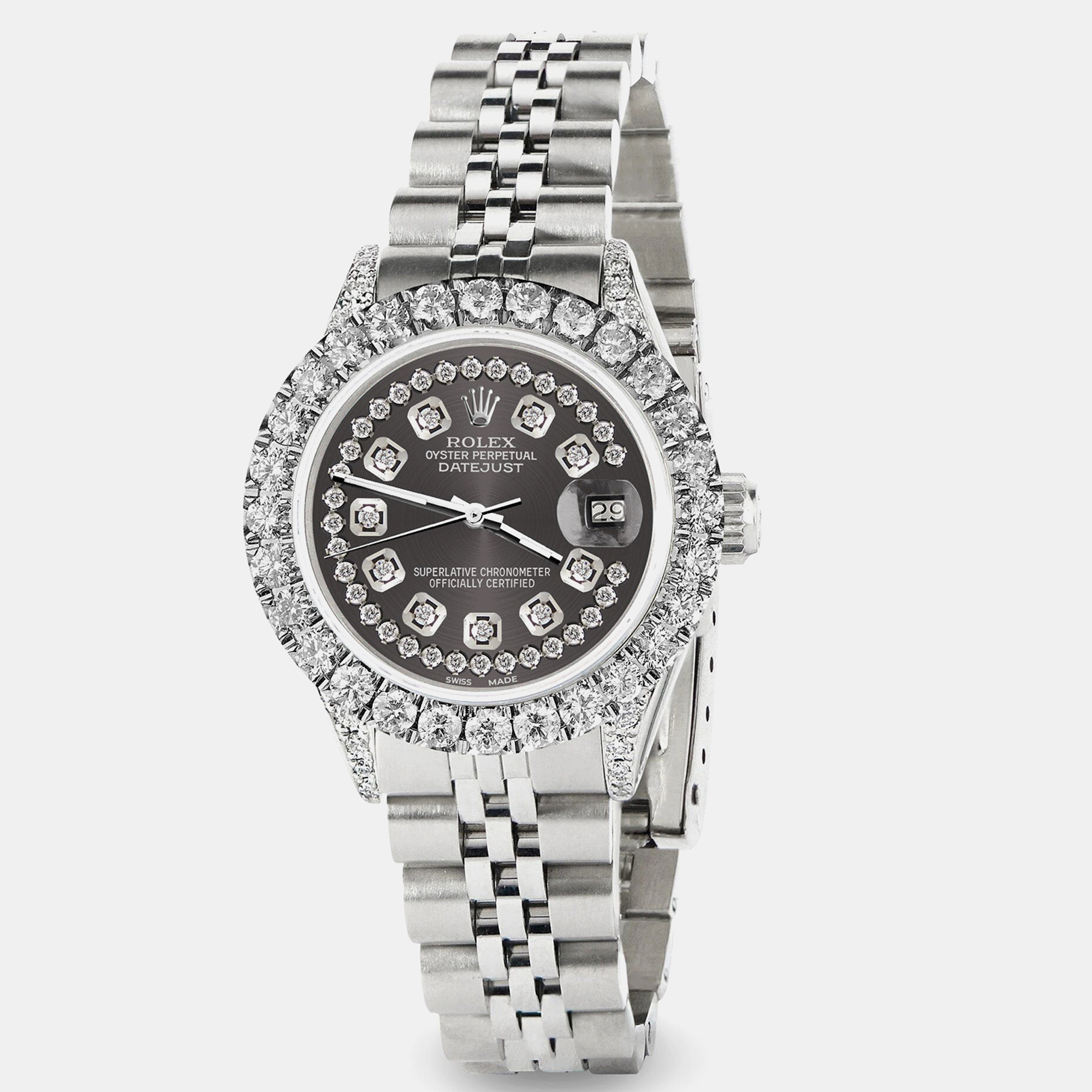 Rolex Custom Grey 2.35CT Diamond Stainless Steel Datejust  Automatic Women's Wristwatch 26mm