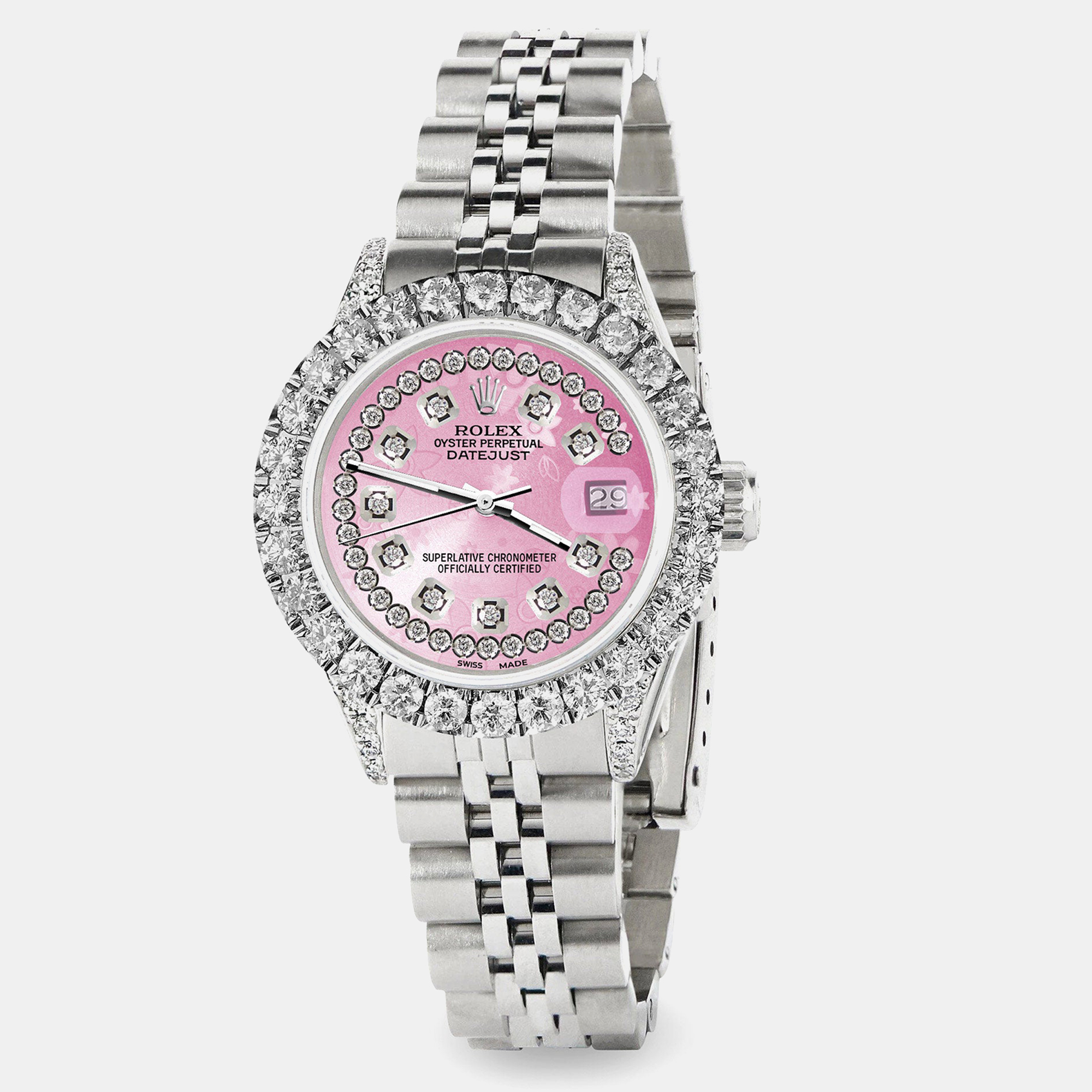 Rolex Custom Pink 2.35CT Diamond Stainless Steel Datejust  Automatic Women's Wristwatch 26mm
