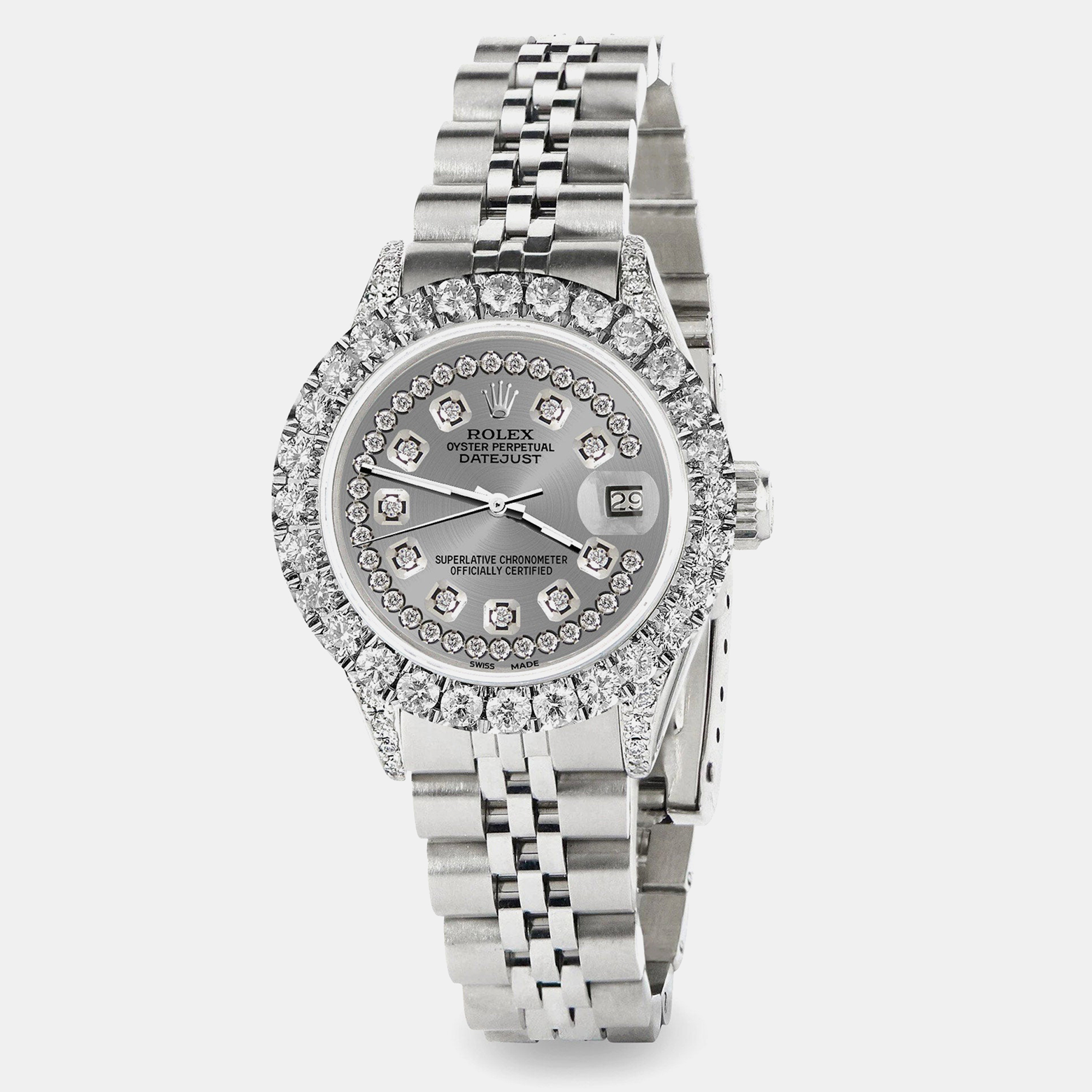 Rolex Custom Grey 2.35CT Diamond Stainless Steel Datejust  Automatic Women's Wristwatch 26mm