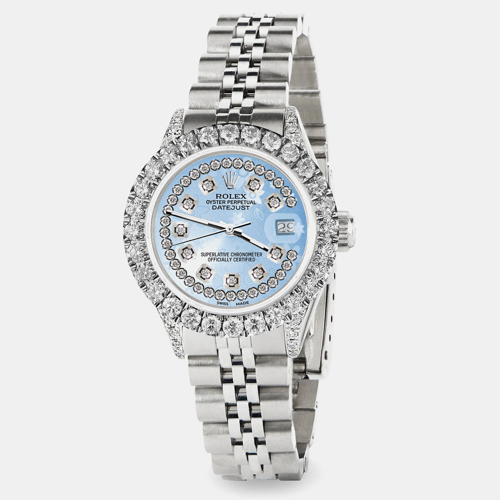 Rolex Custom Blue Flower 2.35CT Diamond Stainless Steel Datejust  Automatic Women's Wristwatch 26mm