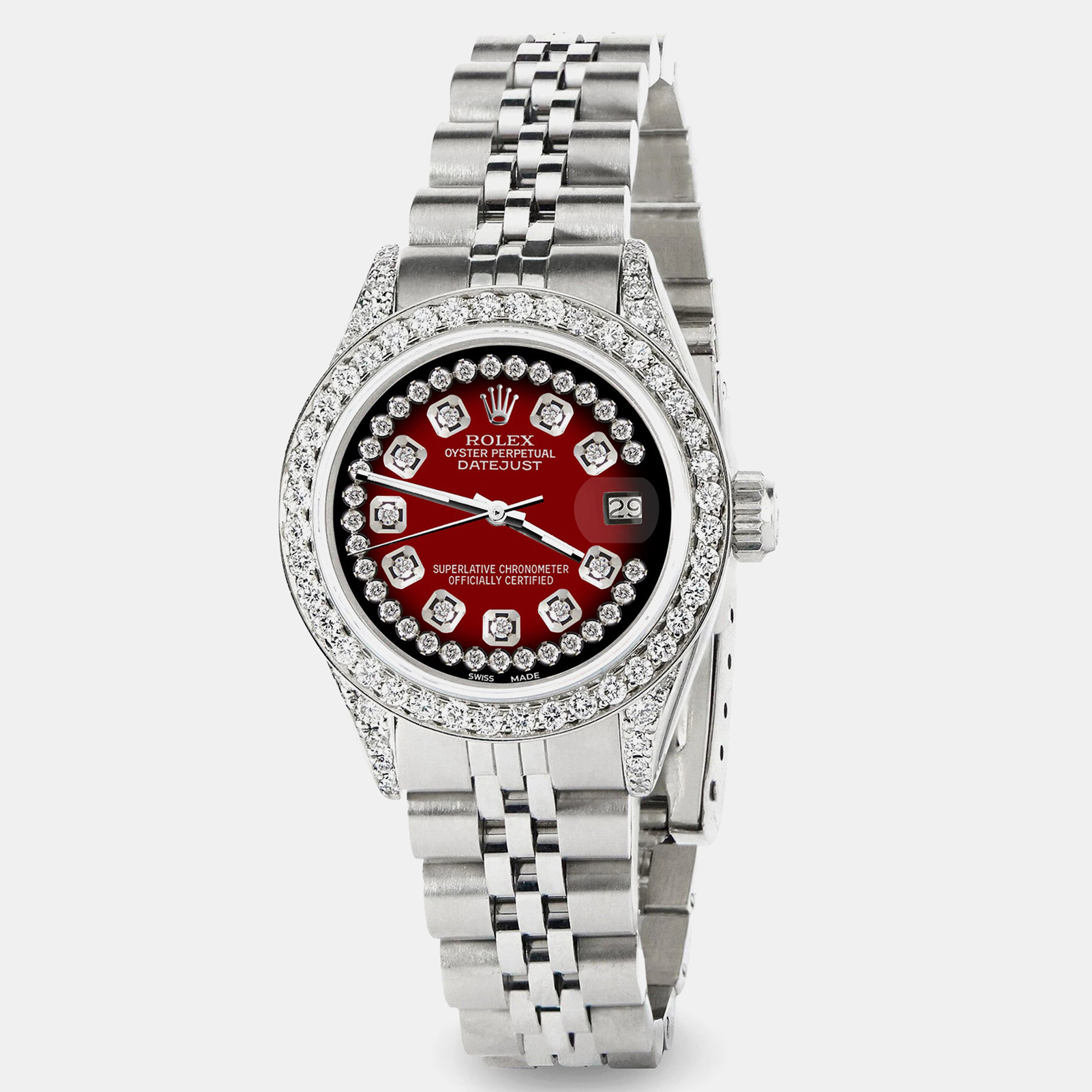 Rolex Custom Red Vignette Diamond Stainless Steel Datejust  Automatic Women's Wristwatch 26mm