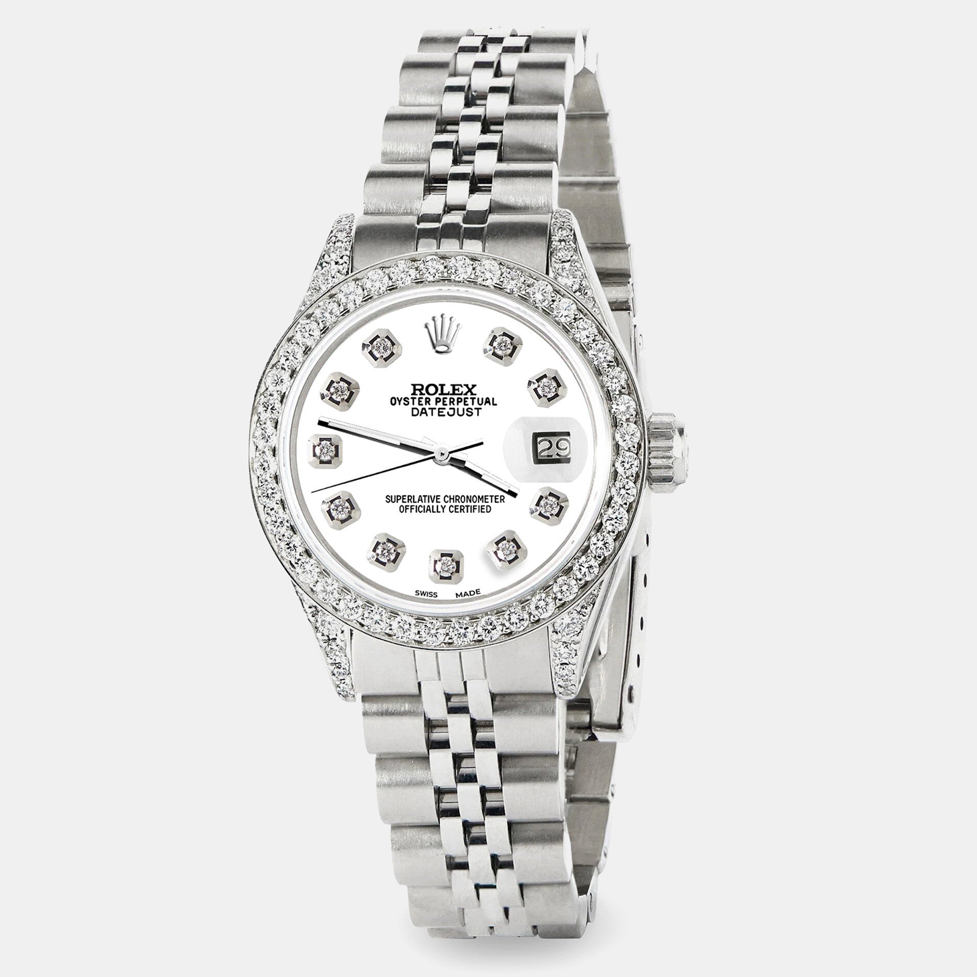 Rolex Custom White Diamond Stainless Steel Datejust  Automatic Women's Wristwatch 26mm