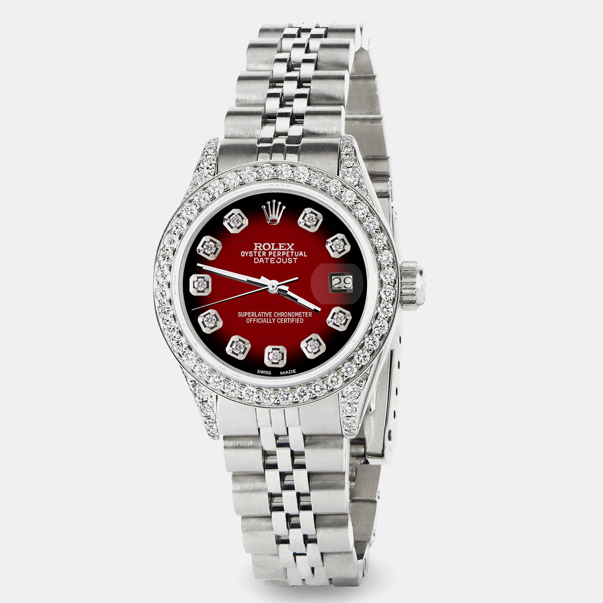 Rolex Custom Red Vignette Diamond Stainless Steel Datejust  Automatic Women's Wristwatch 26mm