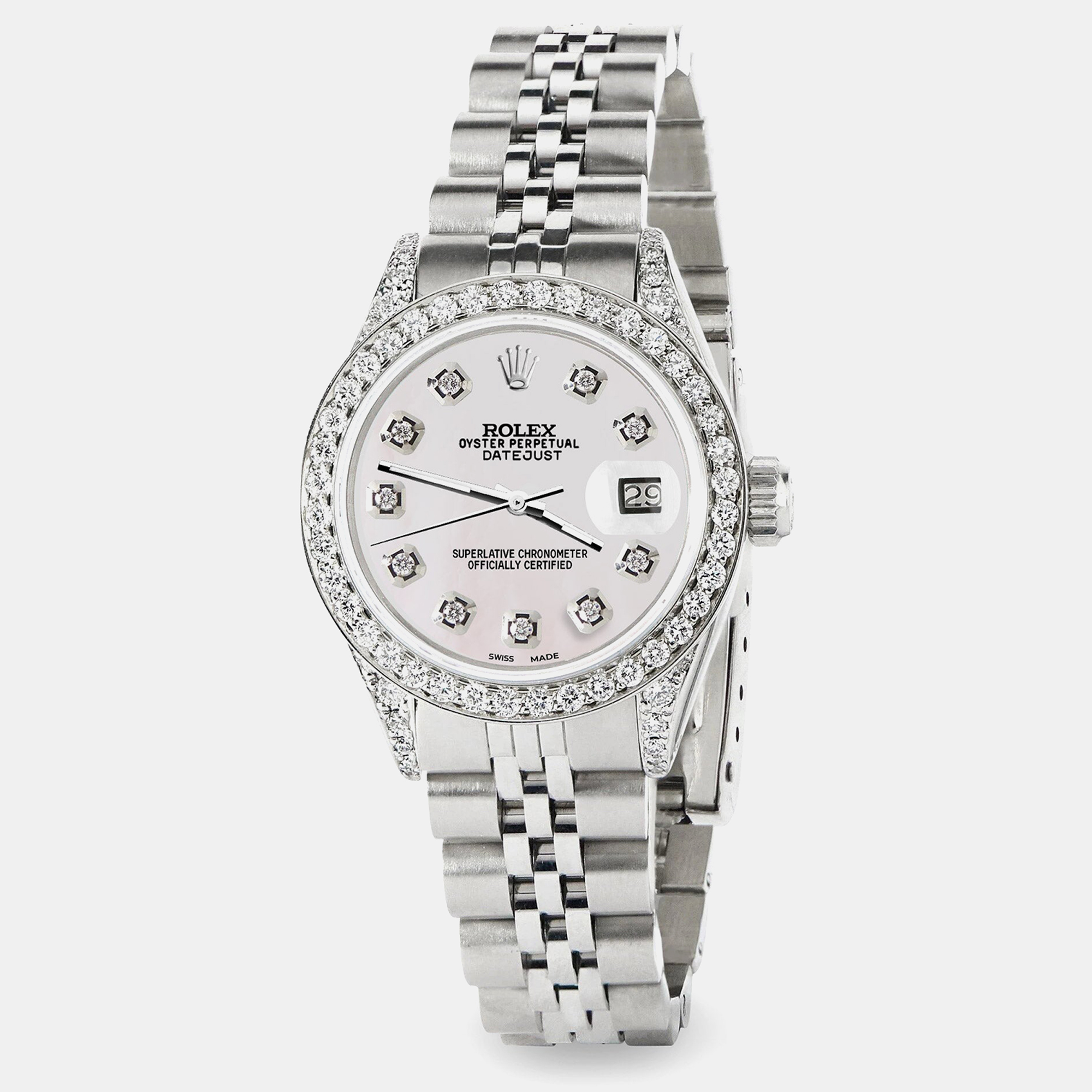 Rolex Custom Pearl Diamond Stainless Steel Datejust  Automatic Women's Wristwatch 26mm