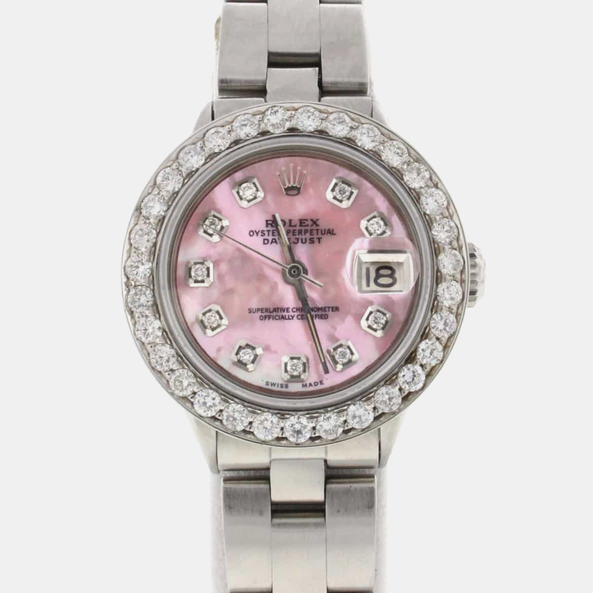 Rolex Customised Pink MOP Diamond Stainless Steel Datejust Automatic Women's Wristwatch
Rolex Customised Pink MOP Diamond Stainless Steel Datejust Automatic Women's Wristwatch
