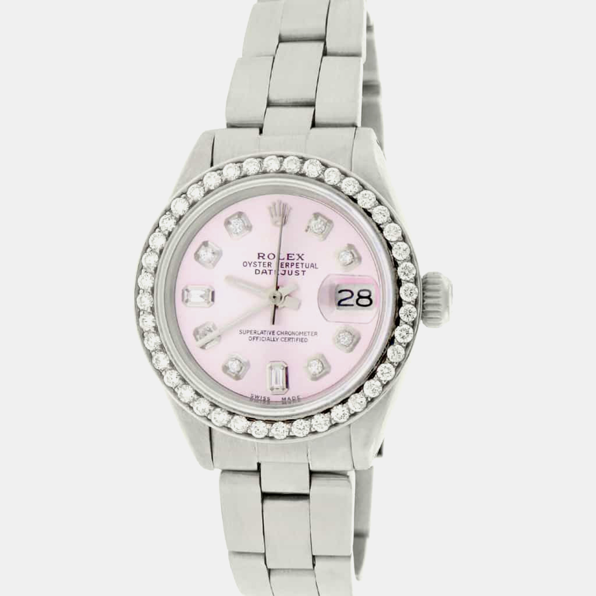 Rolex Customised Pink Diamond Stainless Steel Datejust Automatic Women's Wristwatch
Rolex Customised Pink Diamond Stainless Steel Datejust Automatic Women's Wristwatch