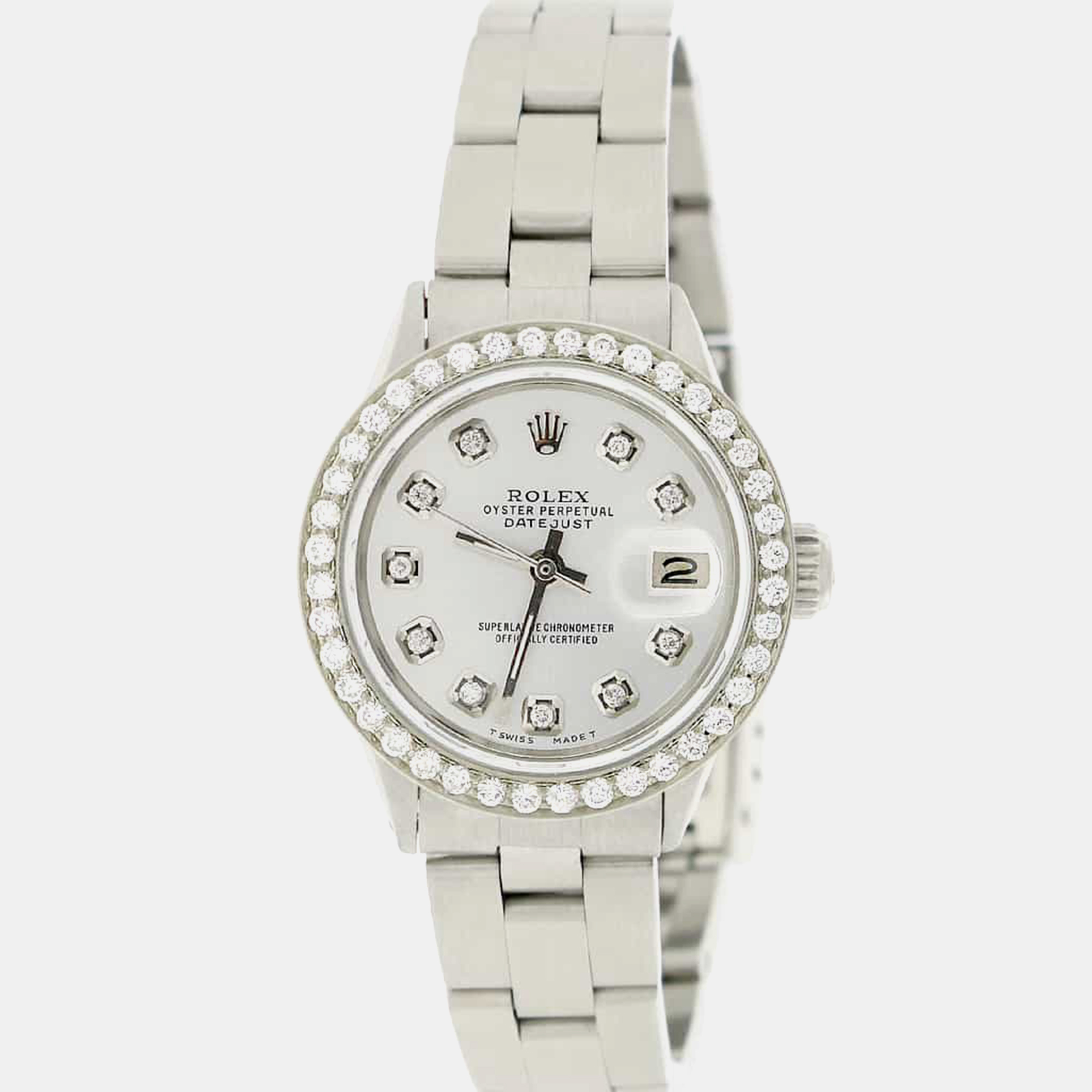 Rolex Customised Silver Diamond Stainless Steel Datejust Automatic Women's Wristwatch
Rolex Customised Silver Diamond Stainless Steel Datejust Automatic Women's Wristwatch