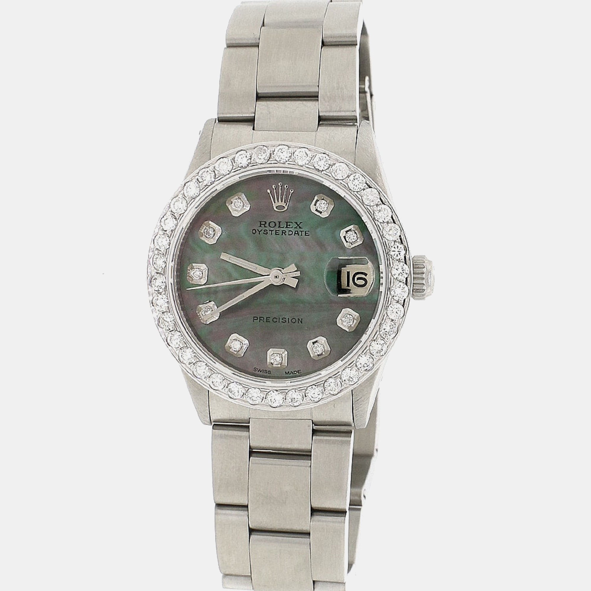 Rolex Customised Tahitian MOP 1.52CT Diamond Stainless Steel Date 6466 Automatic Women's Wristwatch 31mm