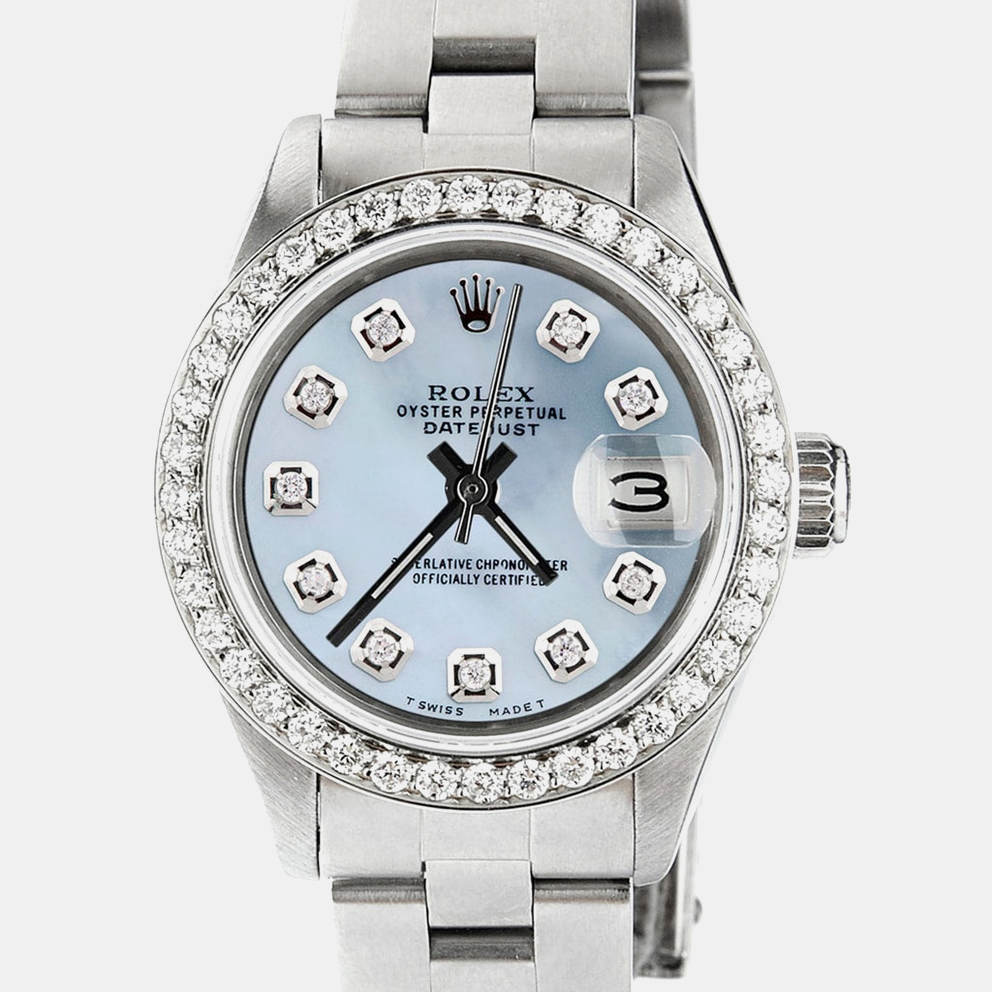 Rolex Customised Blue MOP Diamond Stainless Steel Datejust  Automatic Women's Wristwatch 26mm