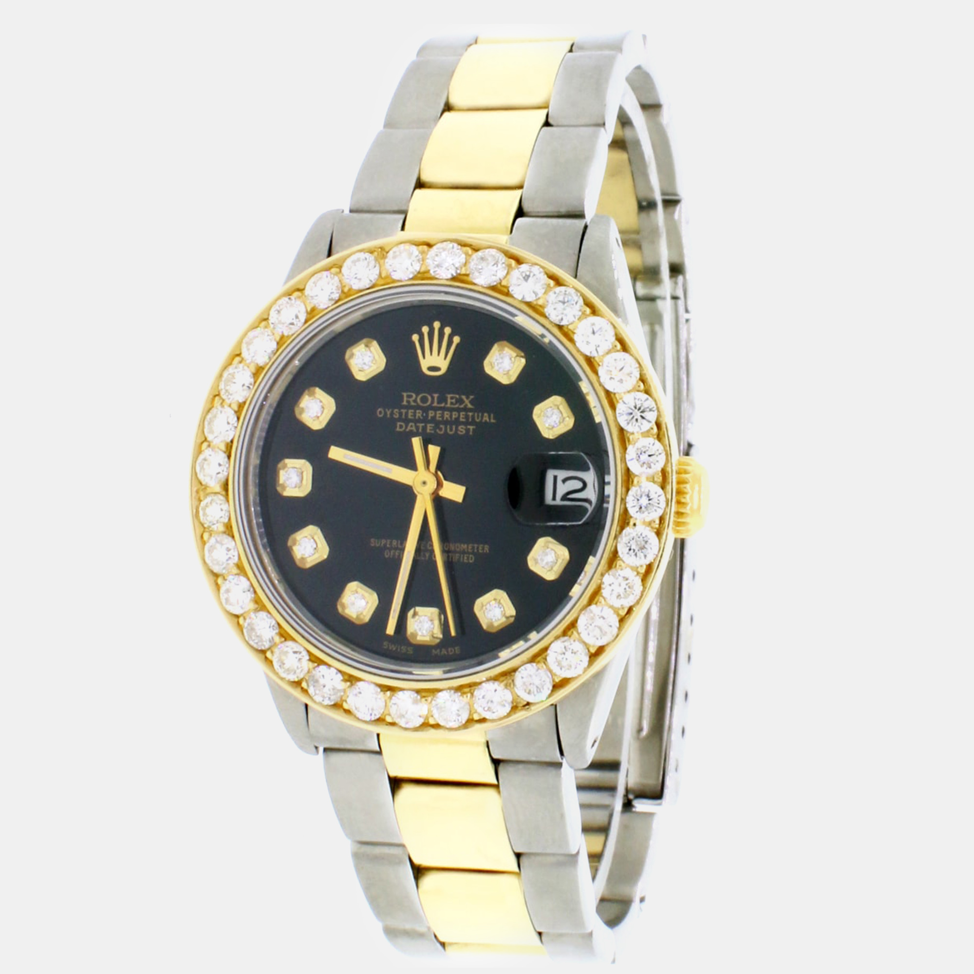 Rolex Customised Black Diamond 18K Yellow Gold Stainless Steel Datejust 6824 Automatic Women's Wristwatch 31mm