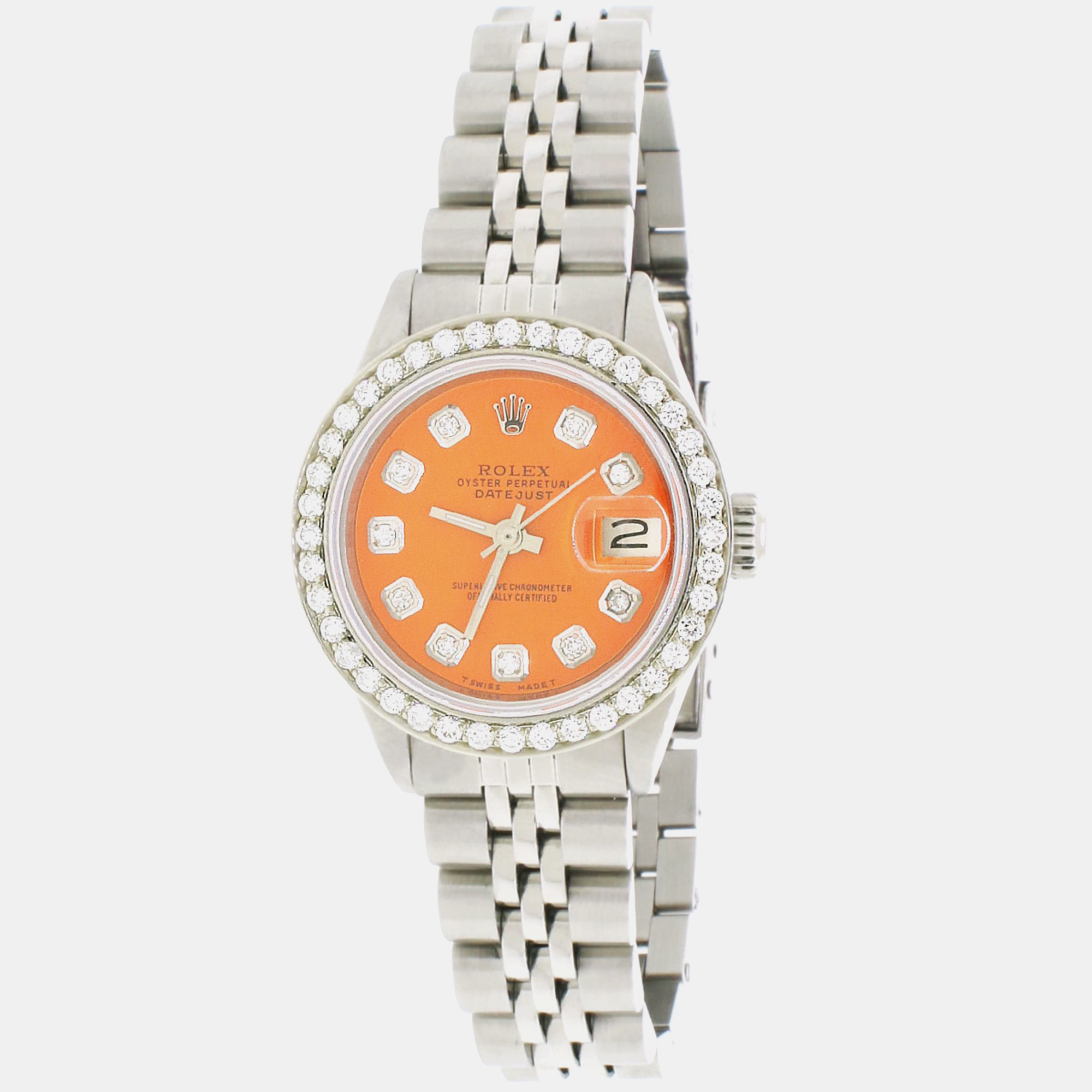Rolex Customised Orange Diamond Stainless Steel Datejust  Automatic Women's Wristwatch 26mm