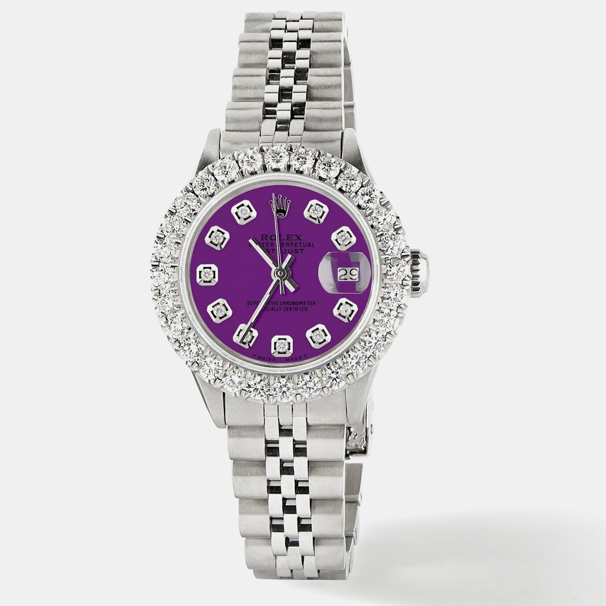 Rolex Customised Purple 2CT Diamond Stainless Steel Datejust  Automatic Women's Wristwatch 26mm