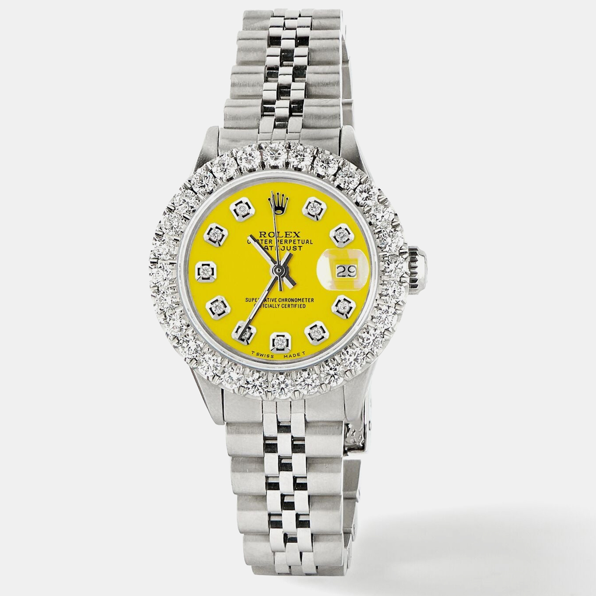 Rolex Customised Yellow 2CT Diamond Stainless Steel Datejust  Automatic Women's Wristwatch 26mm