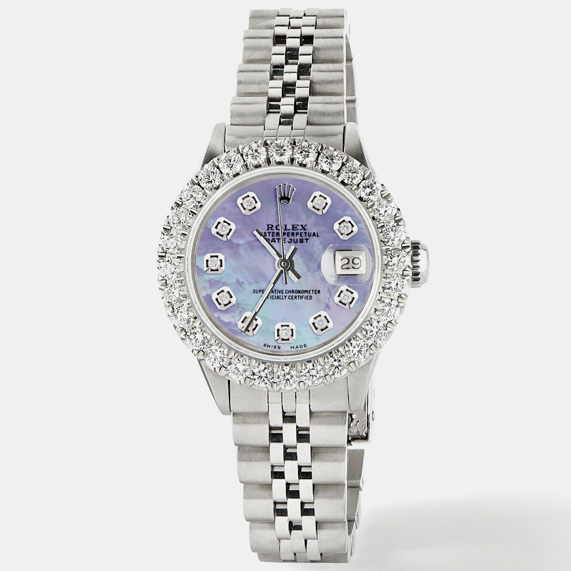 Rolex Customised Purple MOP 2CT Diamond Stainless Steel Datejust  Automatic Women's Wristwatch 26mm