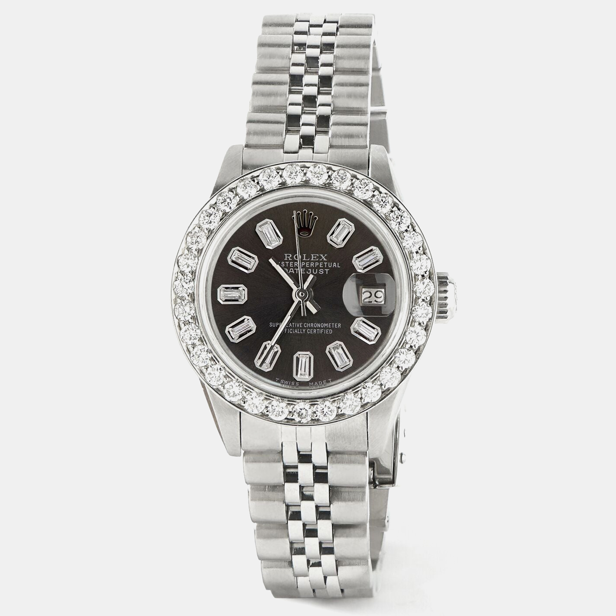 Rolex Customised Grey 1.3CT Diamond Stainless Steel Datejust  Automatic Women's Wristwatch 26mm