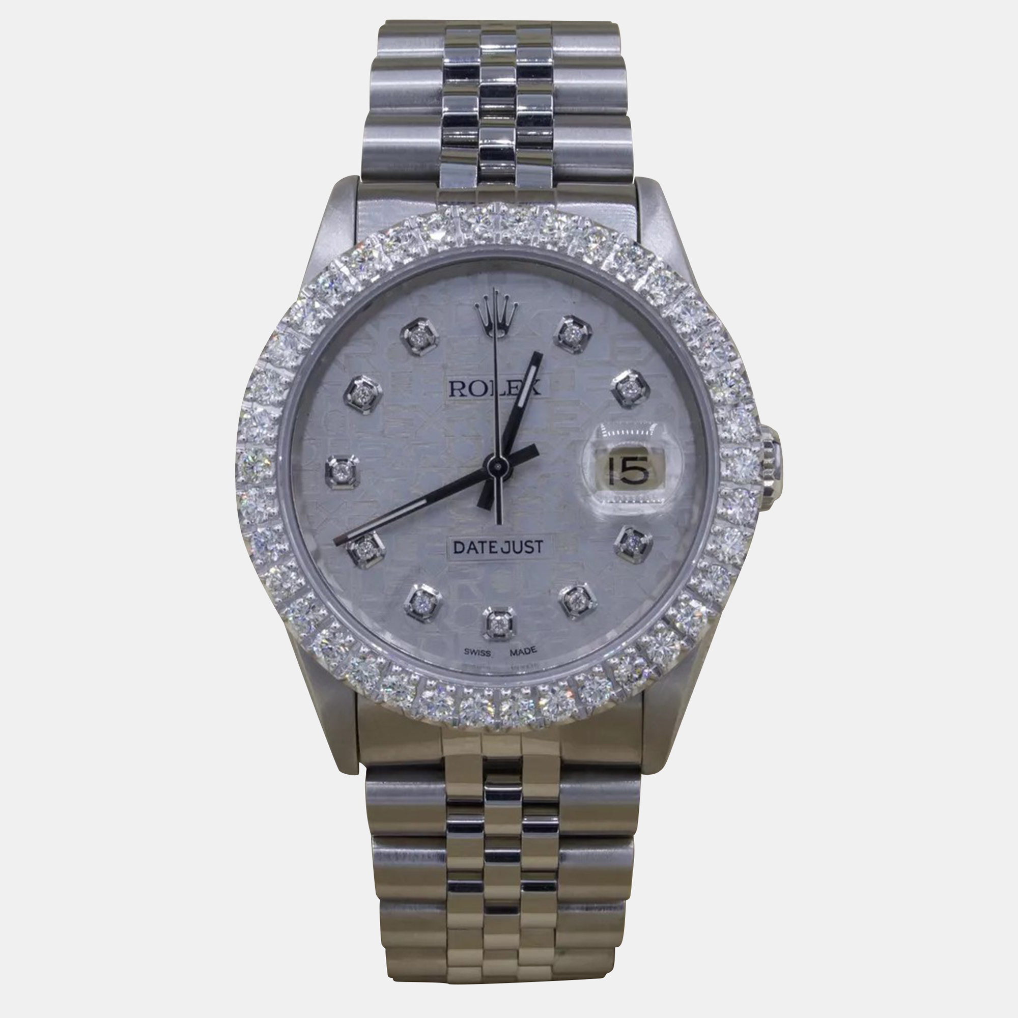 Rolex Customised Grey 3CT Diamond Stainless Steel Datejust  Automatic Men's Wristwatch 36mm
