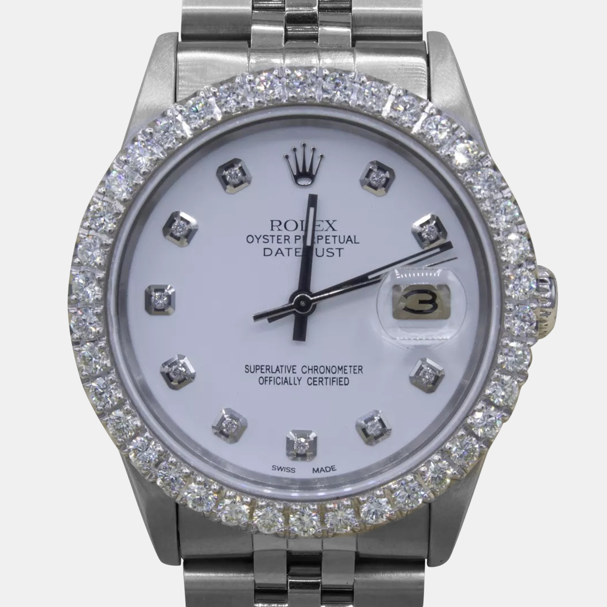 Rolex Customised White 3CT Diamond Stainless Steel Datejust  Automatic Men's Wristwatch 36mm