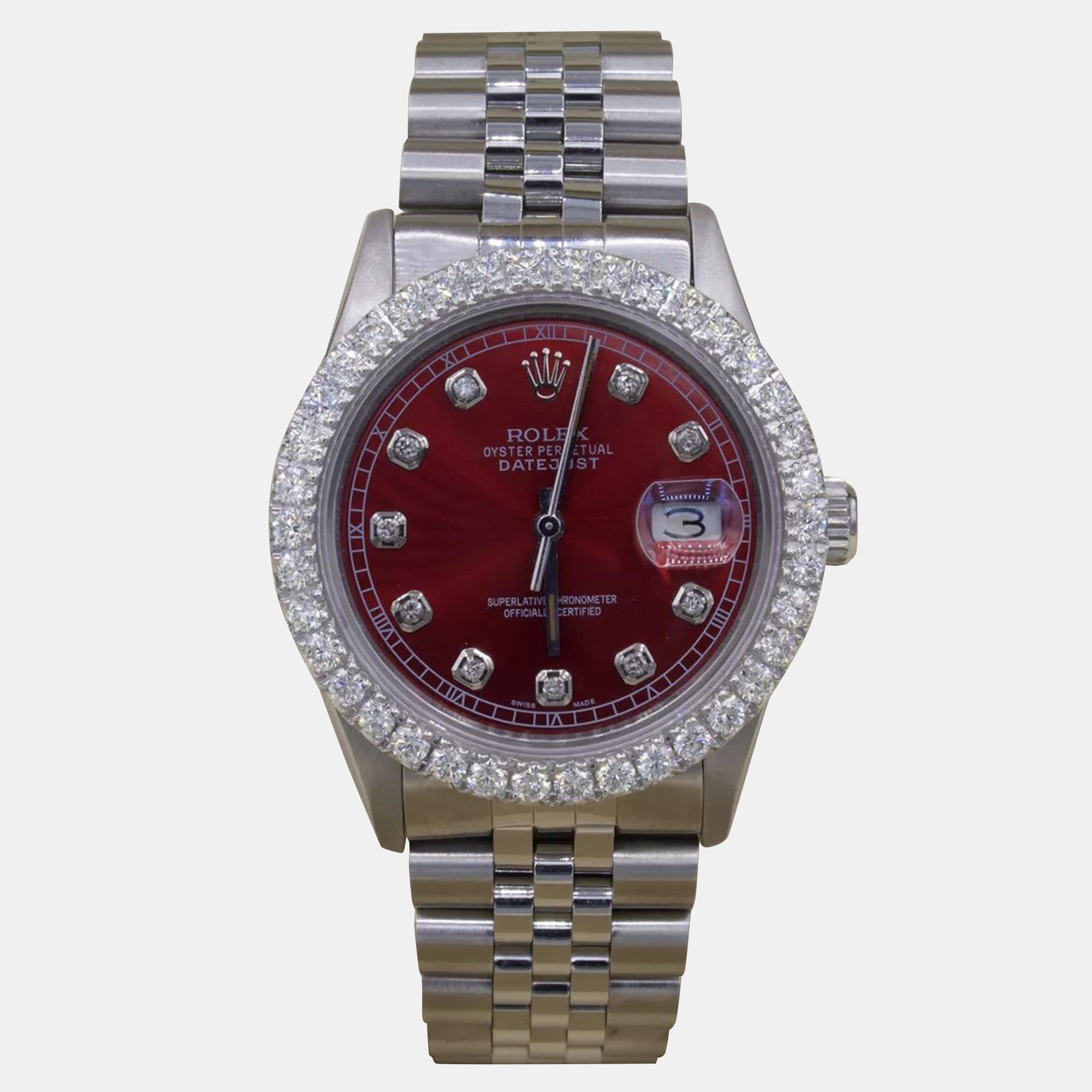 Rolex Customised Red 3CT Diamond Stainless Steel Datejust  Automatic Men's Wristwatch 36mm