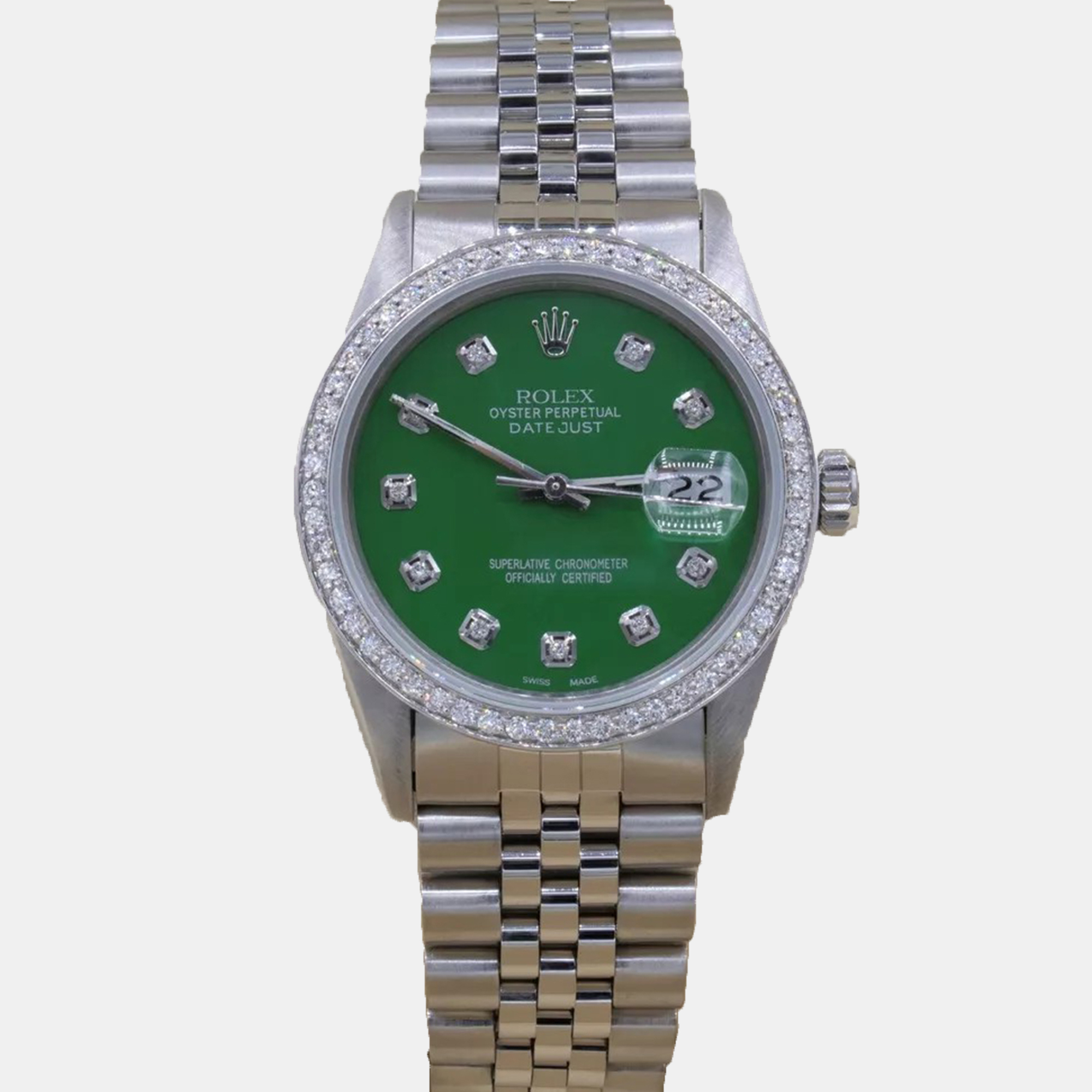 Rolex Customised Green 1.15CT Diamond Stainless Steel Datejust  Automatic Men's Wristwatch 36mm