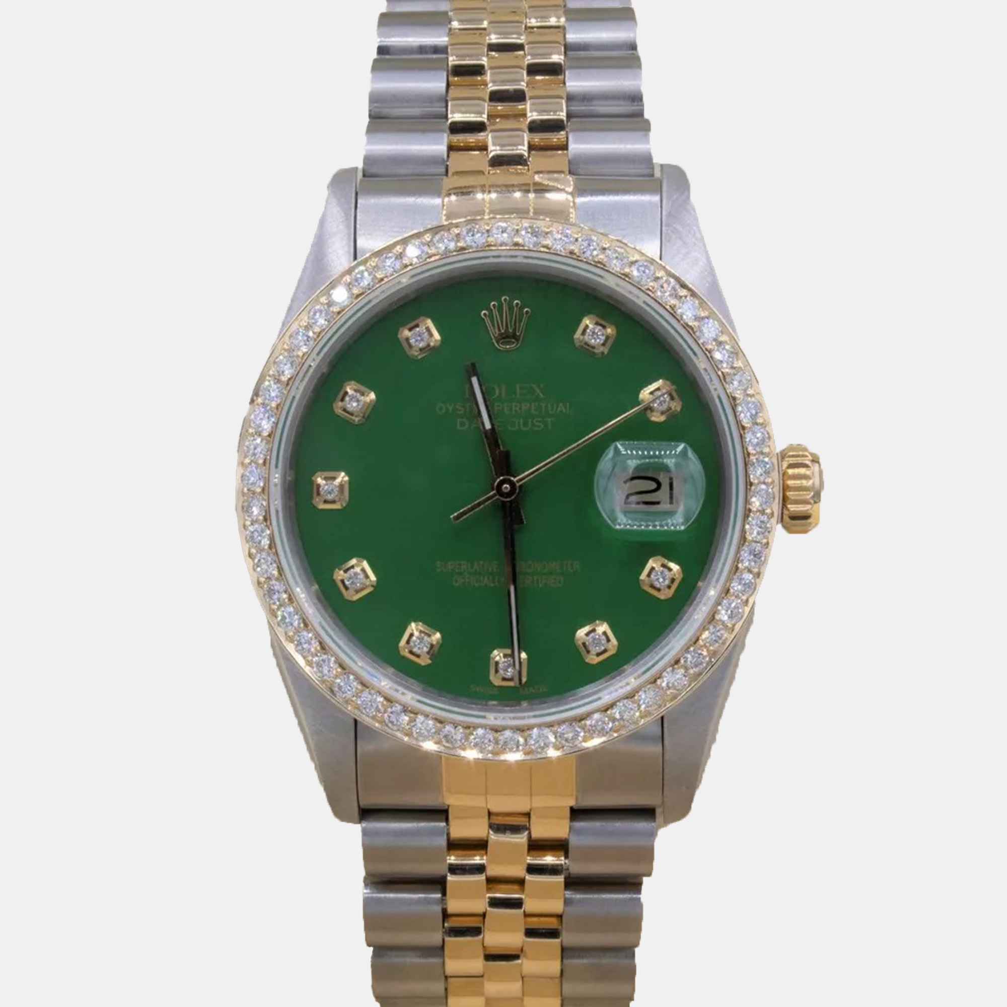 Rolex Customised Green 1.15CT Diamond 18K Yellow Gold Datejust  Automatic Men's Wristwatch 36mm