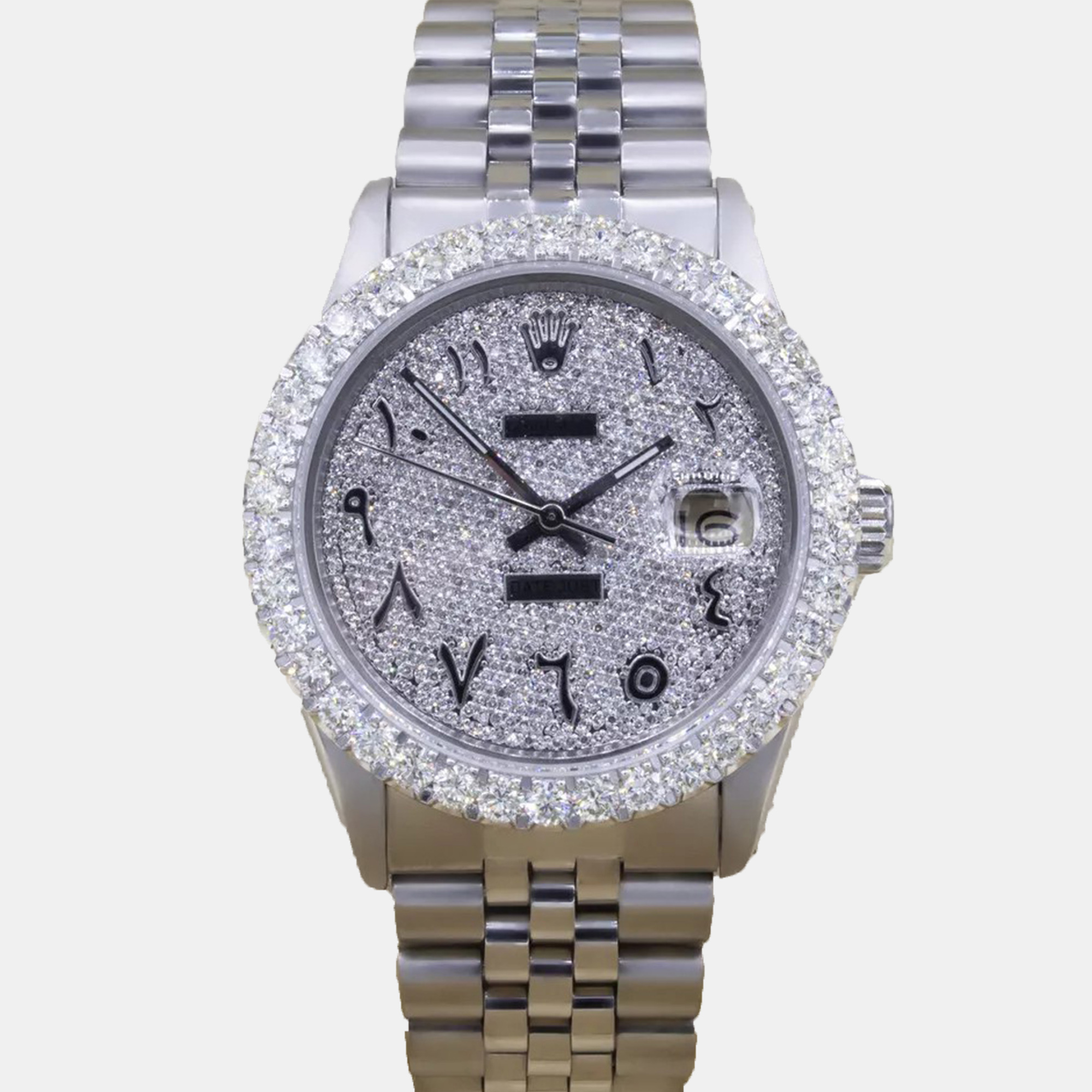 Rolex Customised Silver 5CT Diamond Stainless Steel Datejust  Automatic Men's Wristwatch 36mm