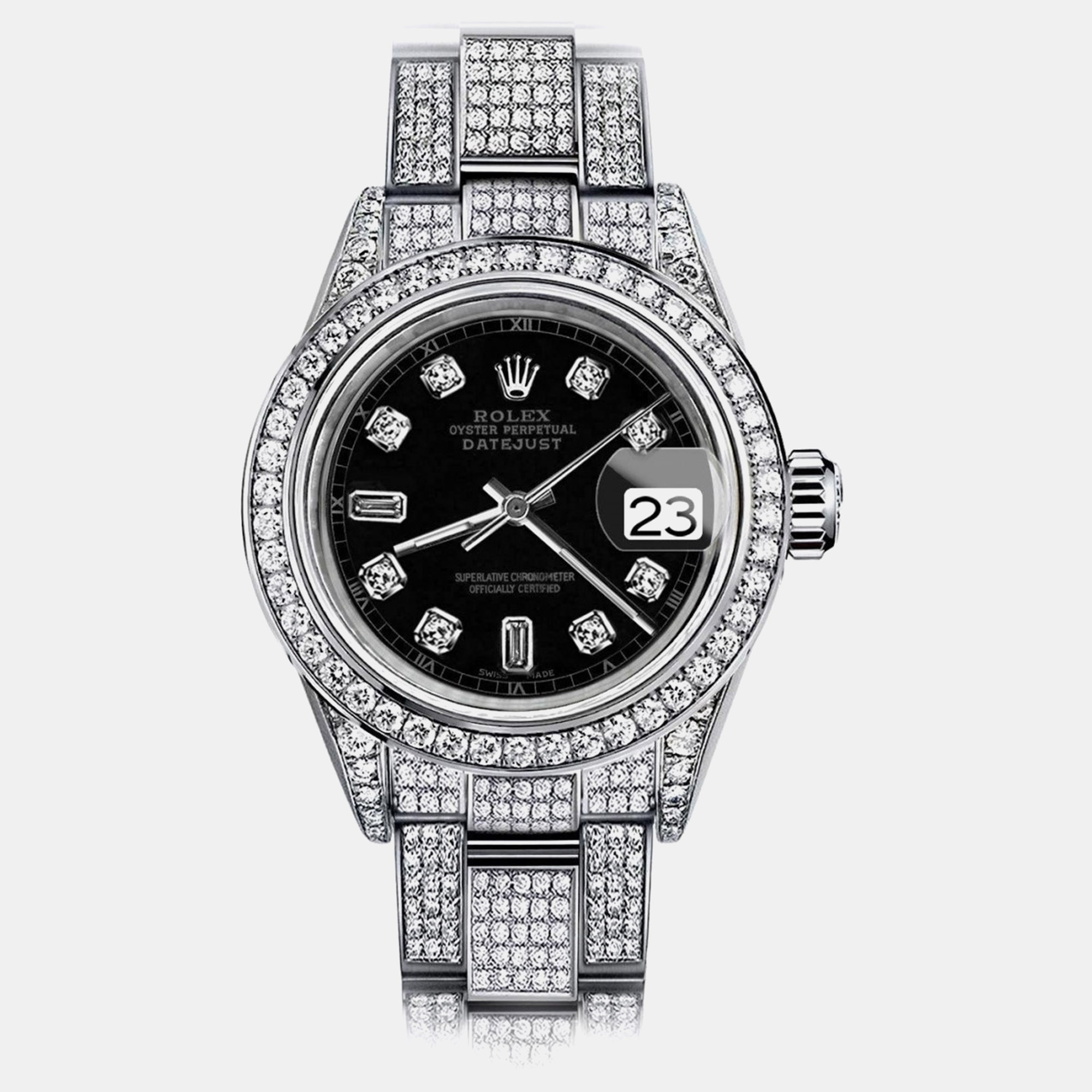 Rolex Customised Black Diamond Stainless Steel Datejust 179174 Automatic Women's Wristwatch 26mm