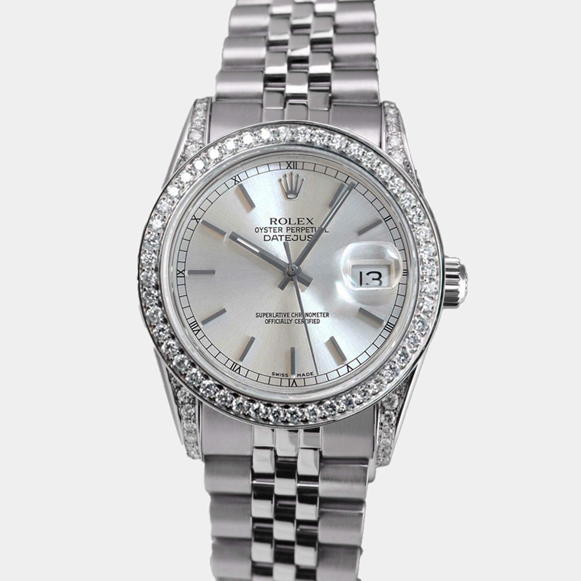 Rolex Customised Silver Diamond Stainless Steel Datejust 68274 Automatic Women's Wristwatch 31mm