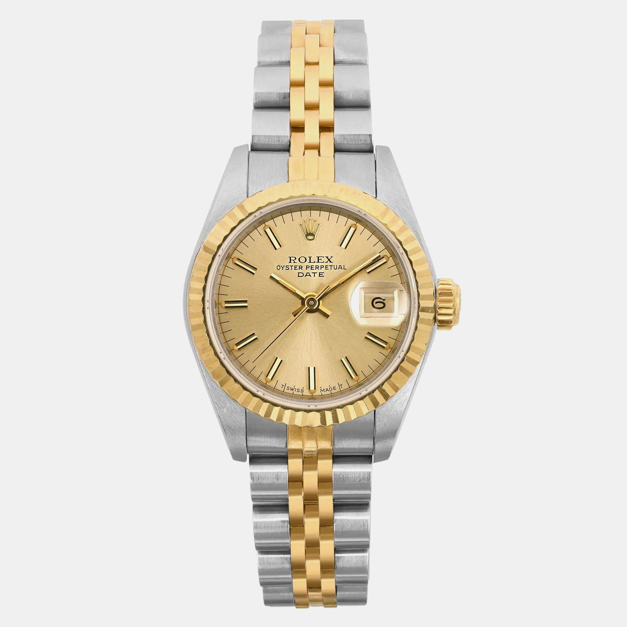 Rolex Champagne 18k Yellow Gold Stainless Steel Datejust 69173 Automatic Women's Wristwatch 26 mm
Rolex Champagne 18k Yellow Gold Stainless Steel Datejust 69173 Automatic Women's Wristwatch 26 mm