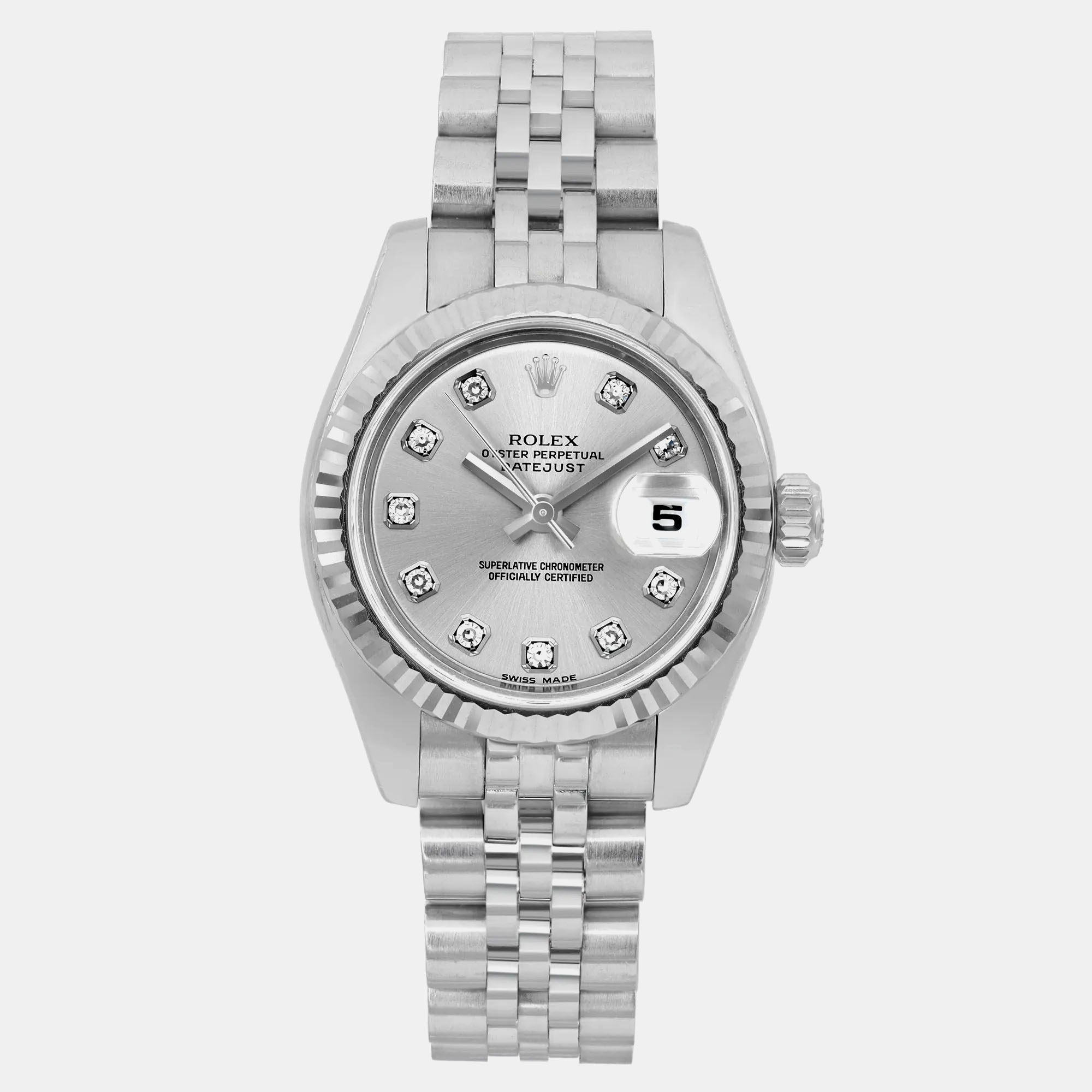 Rolex Lady Datejust 179174 Silver 18k White Gold Stainless Steel Diamond Automatic Women's Wristwatch 26 mm
Rolex Lady Datejust 179174 Silver 18k White Gold Stainless Steel Diamond Automatic Women's Wristwatch 26 mm