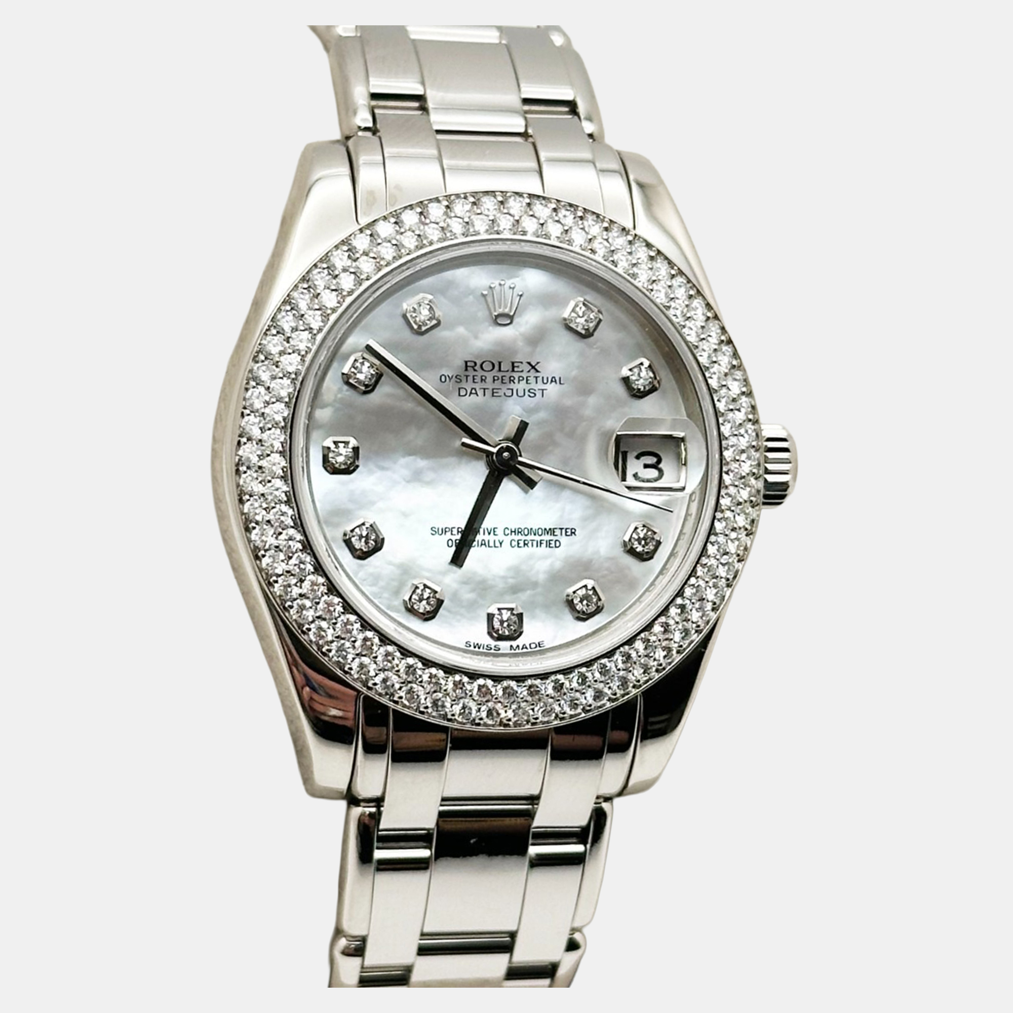 Rolex Datejust Pearlmaster 81339 Automatic Mother of Pearl Diamond Dial 18K White Gold Women's Wristwatch 34 mm
Rolex Datejust Pearlmaster 81339 Automatic Mother of Pearl Diamond Dial 18K White Gold Women's Wristwatch 34 mm