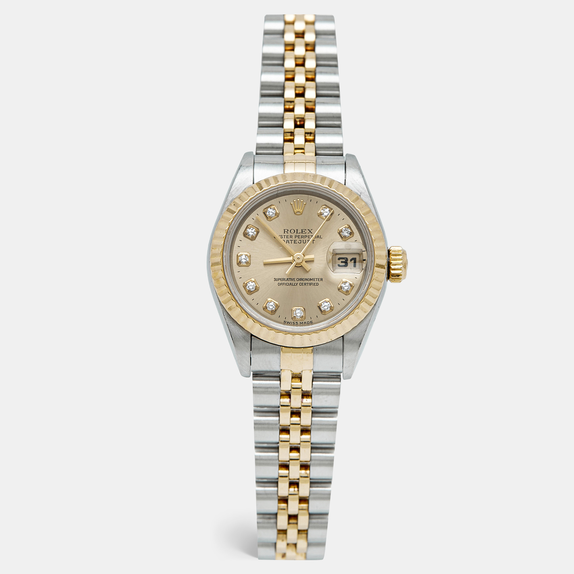 Rolex Datejust 69173 Champagne Dial Diamond 18K Yellow Gold Stainless Steel Women's Wristwatch 26 mm
Rolex Datejust 69173 Champagne Dial Diamond 18K Yellow Gold Stainless Steel Women's Wristwatch 26 mm