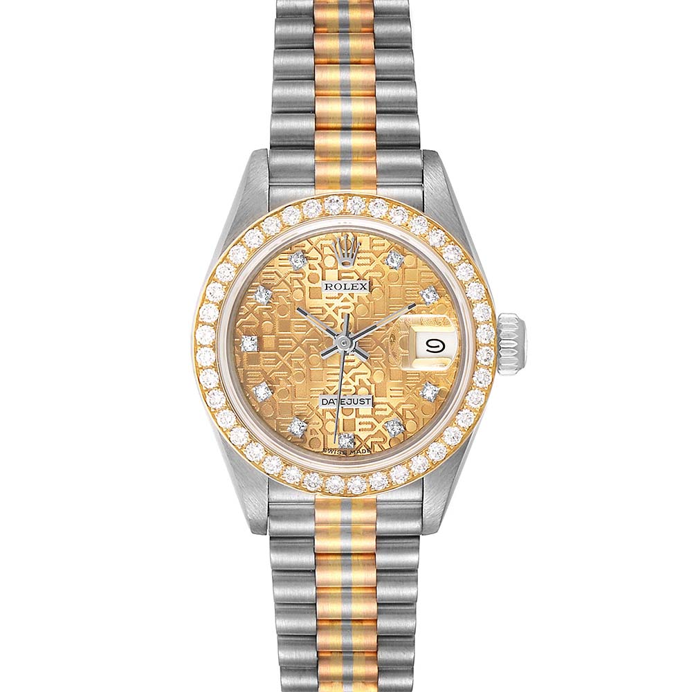 Rolex Champagne Diamonds 18K White Yellow Rose Gold President Tridor 69139 Women's Wristwatch 26 MM