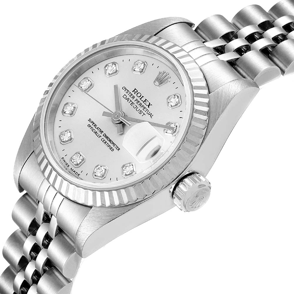 Rolex Silver Diamonds 18K White Gold And Stainless Steel Datejust 179174 Women's Wristwatch 26 MM
Rolex Silver Diamonds 18K White Gold And Stainless Steel Datejust 179174 Women's Wristwatch 26 MM