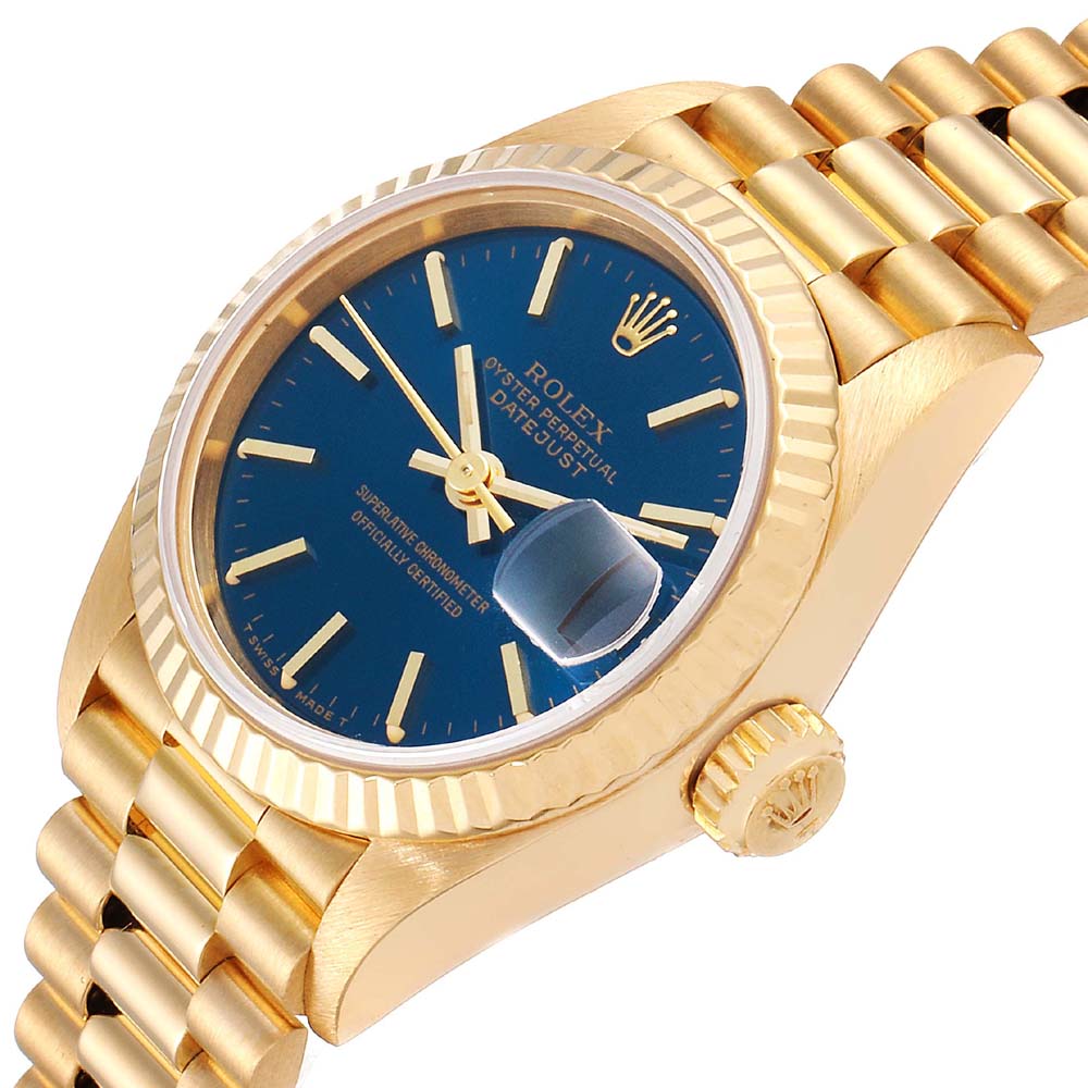 Rolex Blue 18K Yellow Gold President Datejust 69178 Women's Wristwatch 26 MM
Rolex Blue 18K Yellow Gold President Datejust 69178 Women's Wristwatch 26 MM