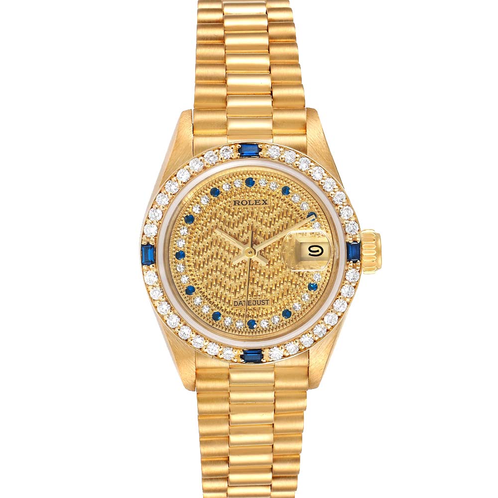 Rolex Champagne Diamonds And Sapphire 18K Yellow Gold President Datejust 69088 Women's Wristwatch 26 MM