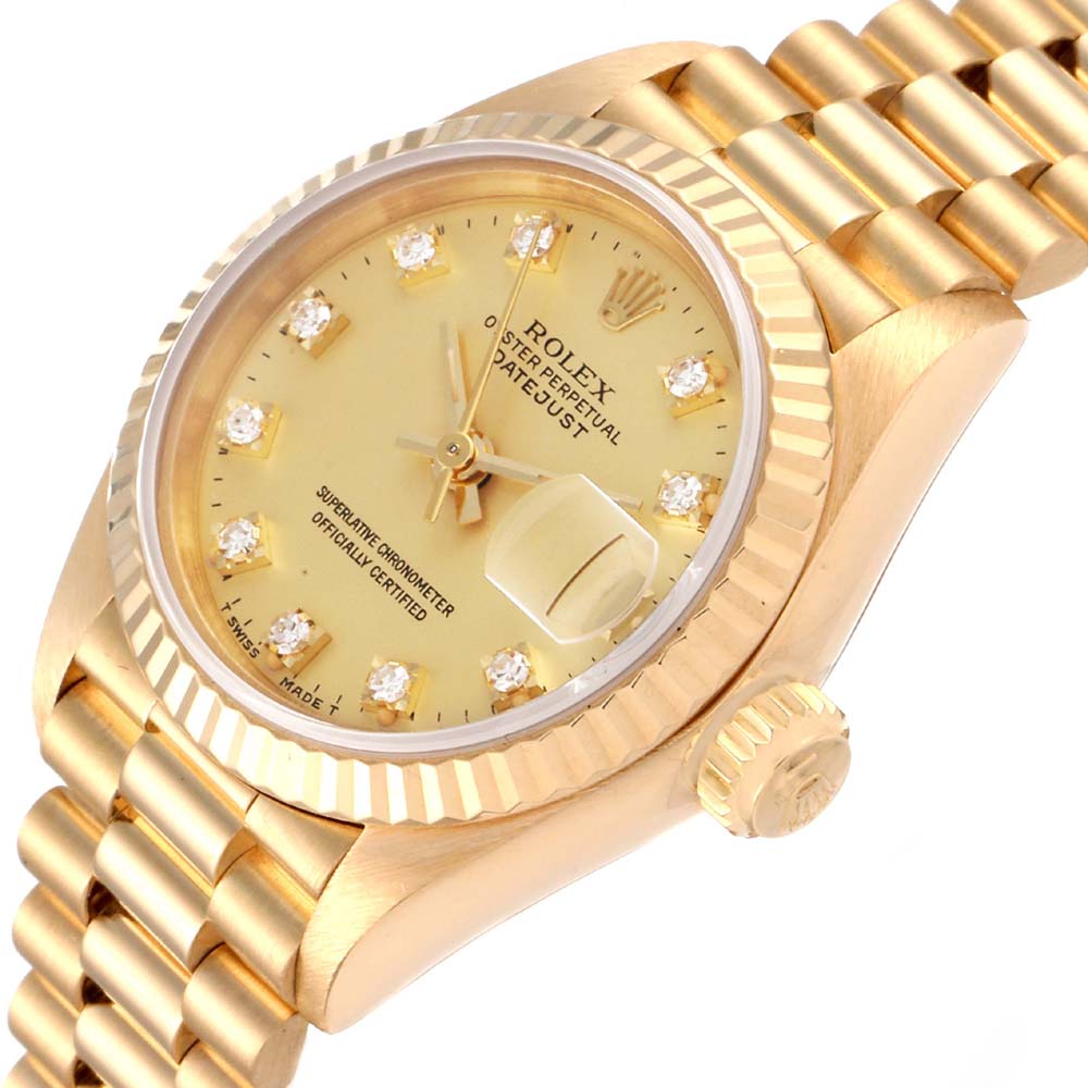 Rolex Champagne Diamonds 18K Yellow Gold President Datejust 69178 Women's Wristwatch 26 MM
Rolex Champagne Diamonds 18K Yellow Gold President Datejust 69178 Women's Wristwatch 26 MM