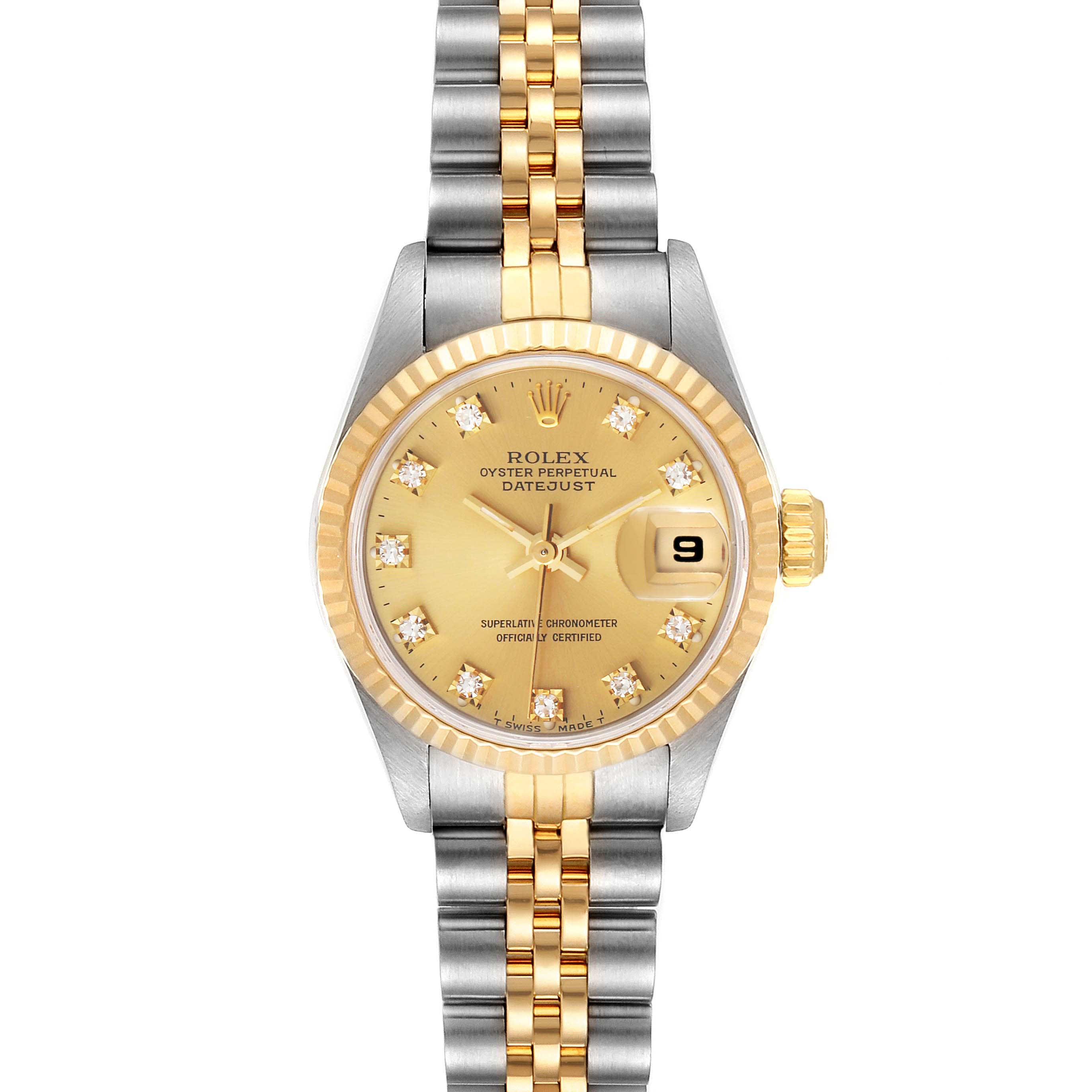 Rolex Champagne Diamonds 18k Yellow Gold And Stainless Steel Datejust 69173 Women's Wristwatch 26 MM
Rolex Champagne Diamonds 18k Yellow Gold And Stainless Steel Datejust 69173 Women's Wristwatch 26 MM