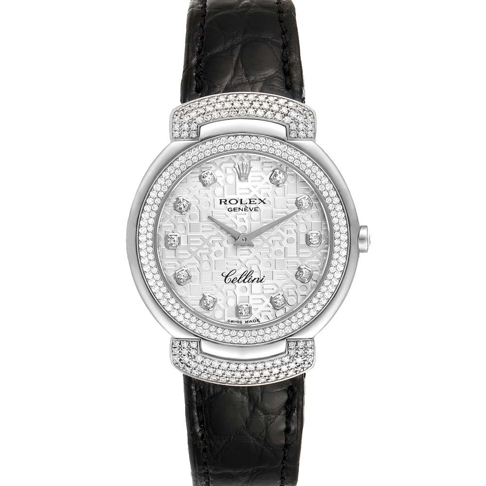 Rolex Silver Diamonds 18K White Gold Cellini Cellissima 6683 Women's Wristwatch 33 MM