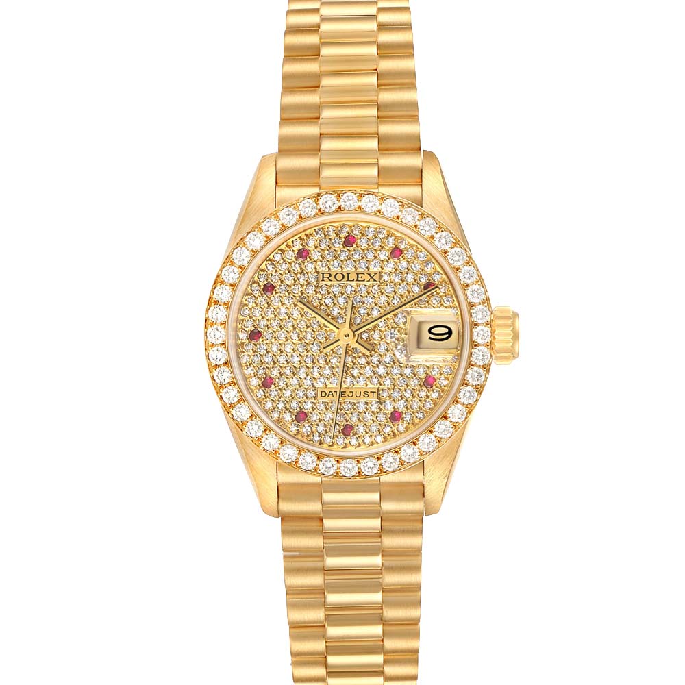Rolex Champagne Diamonds And Rubies 18K Yellow Gold President Datejust 69138 Women's Wristwatch 26 MM