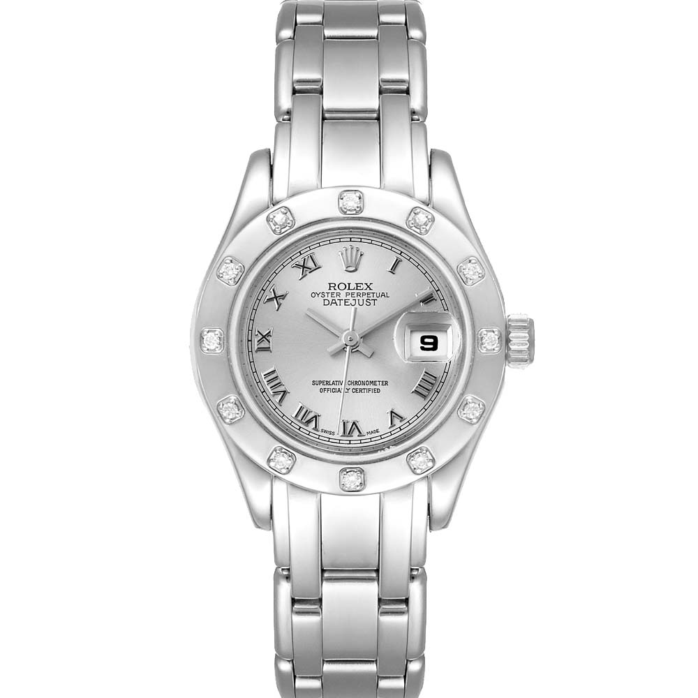 Rolex Silver Diamonds 18K White Gold Pearlmaster 69319 Women's Wristwatch 29 MM