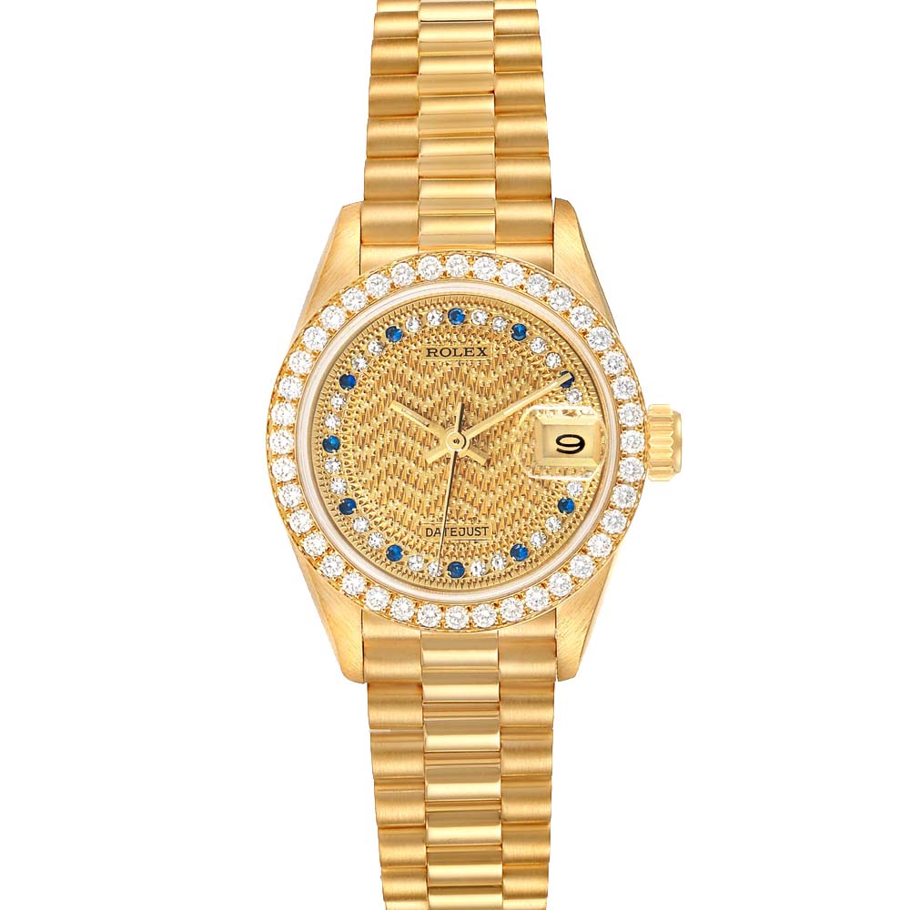 Rolex Champagne Diamond And Sapphires 18K Yellow Gold President Datejust 69138 Women's Wristwatch 26 MM