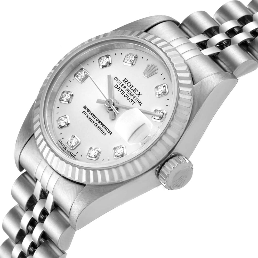 Rolex Silver Diamonds 18K White Gold And Stainless Steel Datejust 79174 Women's Wristwatch 26 MM
Rolex Silver Diamonds 18K White Gold And Stainless Steel Datejust 79174 Women's Wristwatch 26 MM