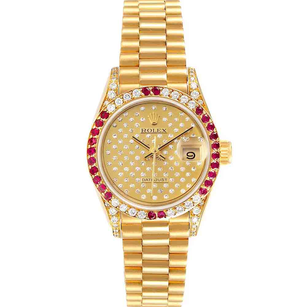 Rolex Champagne Diamonds Ruby 18K Yellow Gold President 69038 Women's Wristwatch 26 MM