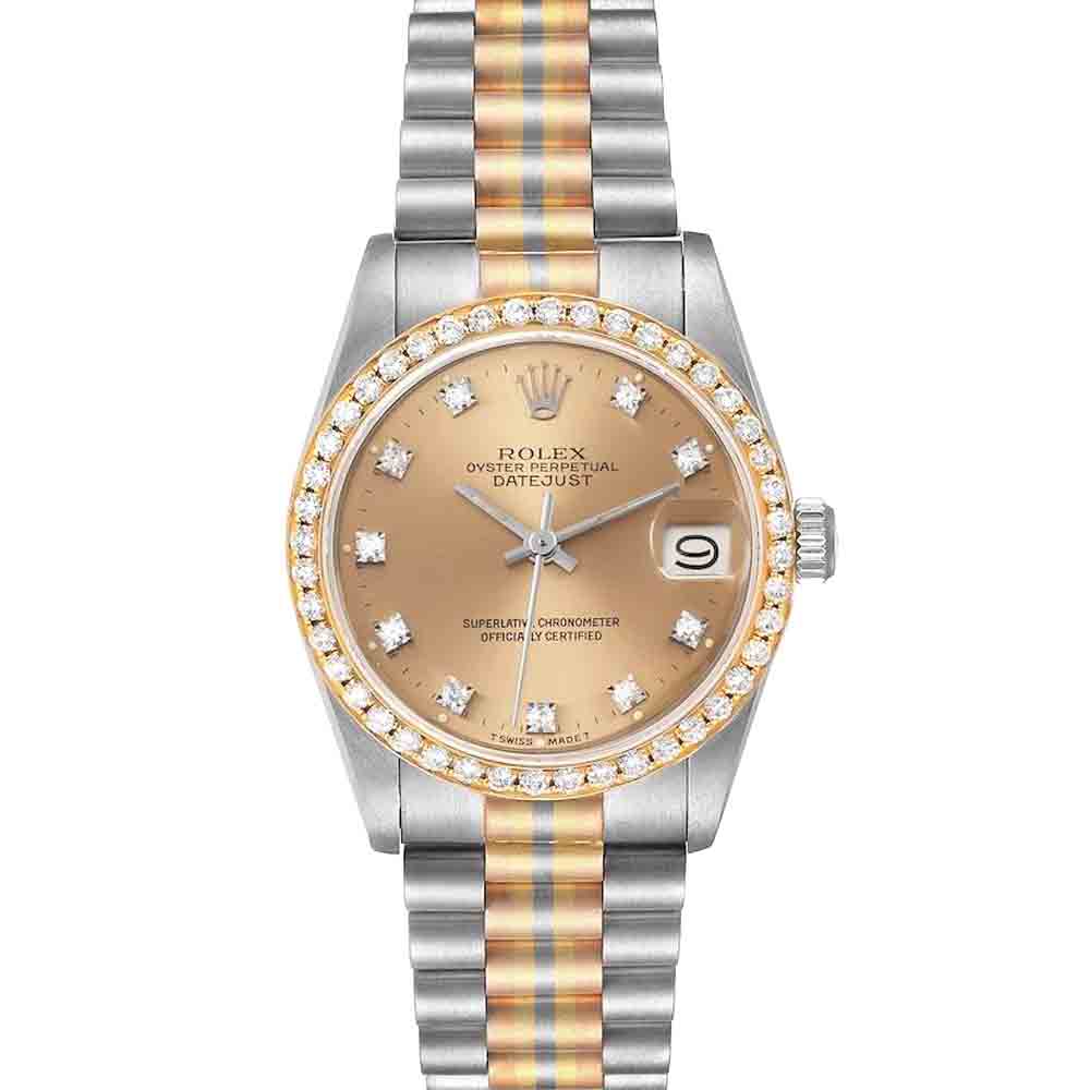 Rolex Champagne Diamonds 18K White Yellow Rose Gold President Tridor 68149 Women's Wristwatch 31 MM