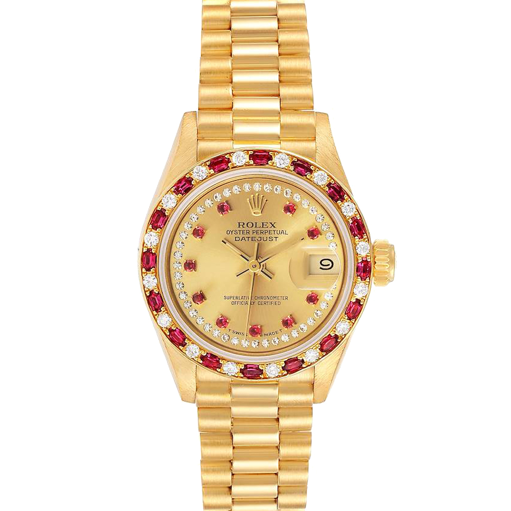 Rolex Champagne Diamonds Ruby 18k Yellow Gold President 69188 Women's Wristwatch 26 MM